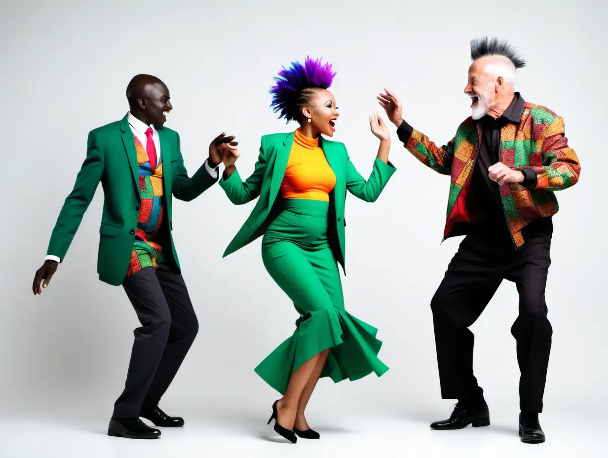 Young Beautiful African lady in modest green outfit and jacket, black mohawk dancing with two older gentlemen in colourful outfits against a white background