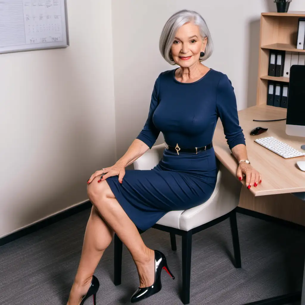  a slim beautiful 70-year-old woman with grey hair in a bob and big breasts wearing a skintight  navy minidress and black louboutin stilettos sitting in an office