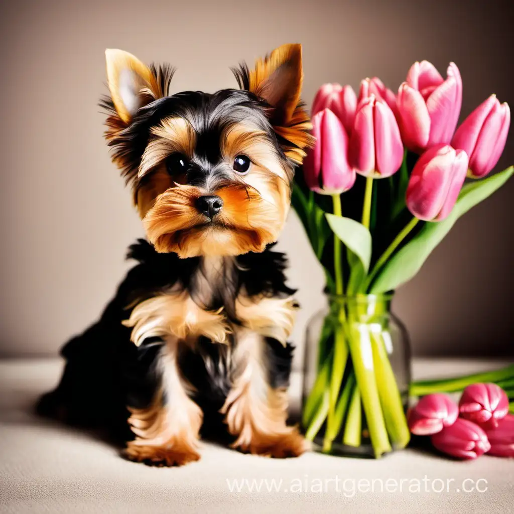 the most of cutest picture with Yorkshire Terrier and a bouquet of tulips