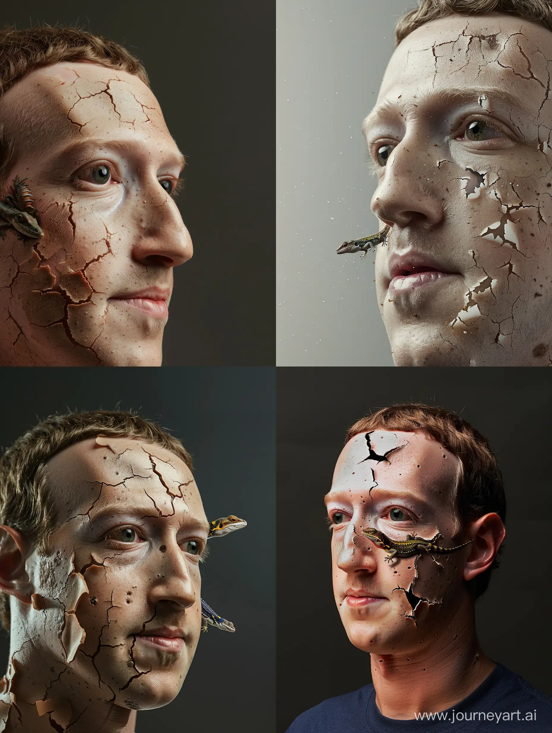 Photograph of Mark Zuckerberg's skin peeling with a lizard underneath
