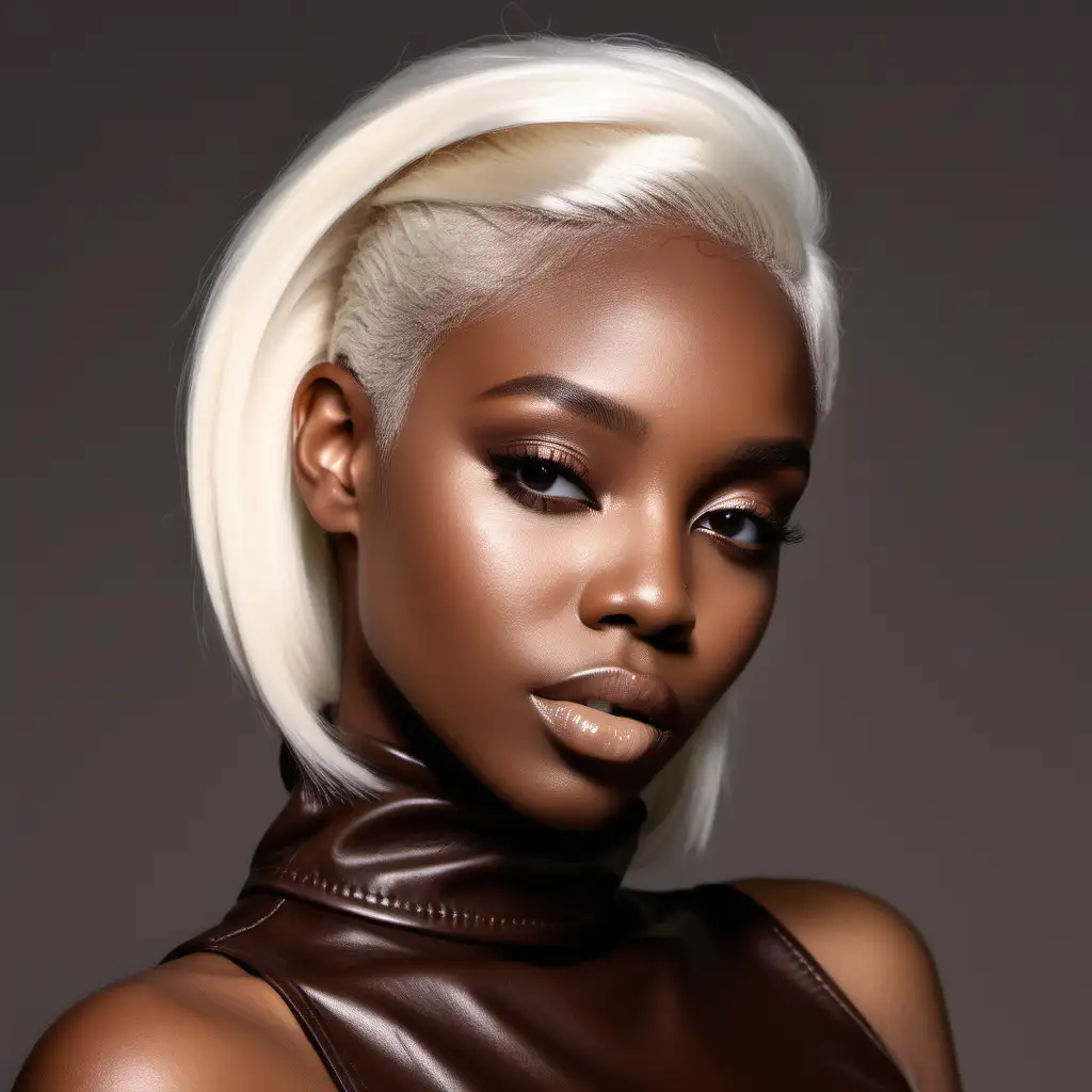 beautiful brown skin black woman wearing a platinum blonde hair colored hairstyle. She has on a chocolate brown leather turtleneck top. Modeling a soft pretty makeup look wearing a nude colored lip gloss