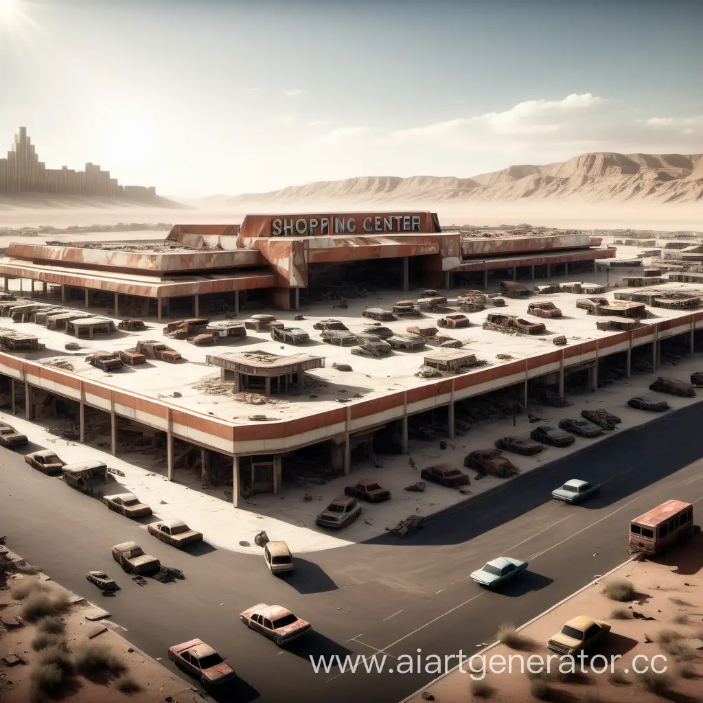 Большой торговый центр в пустыне с машинами в пост апокалипсисе
