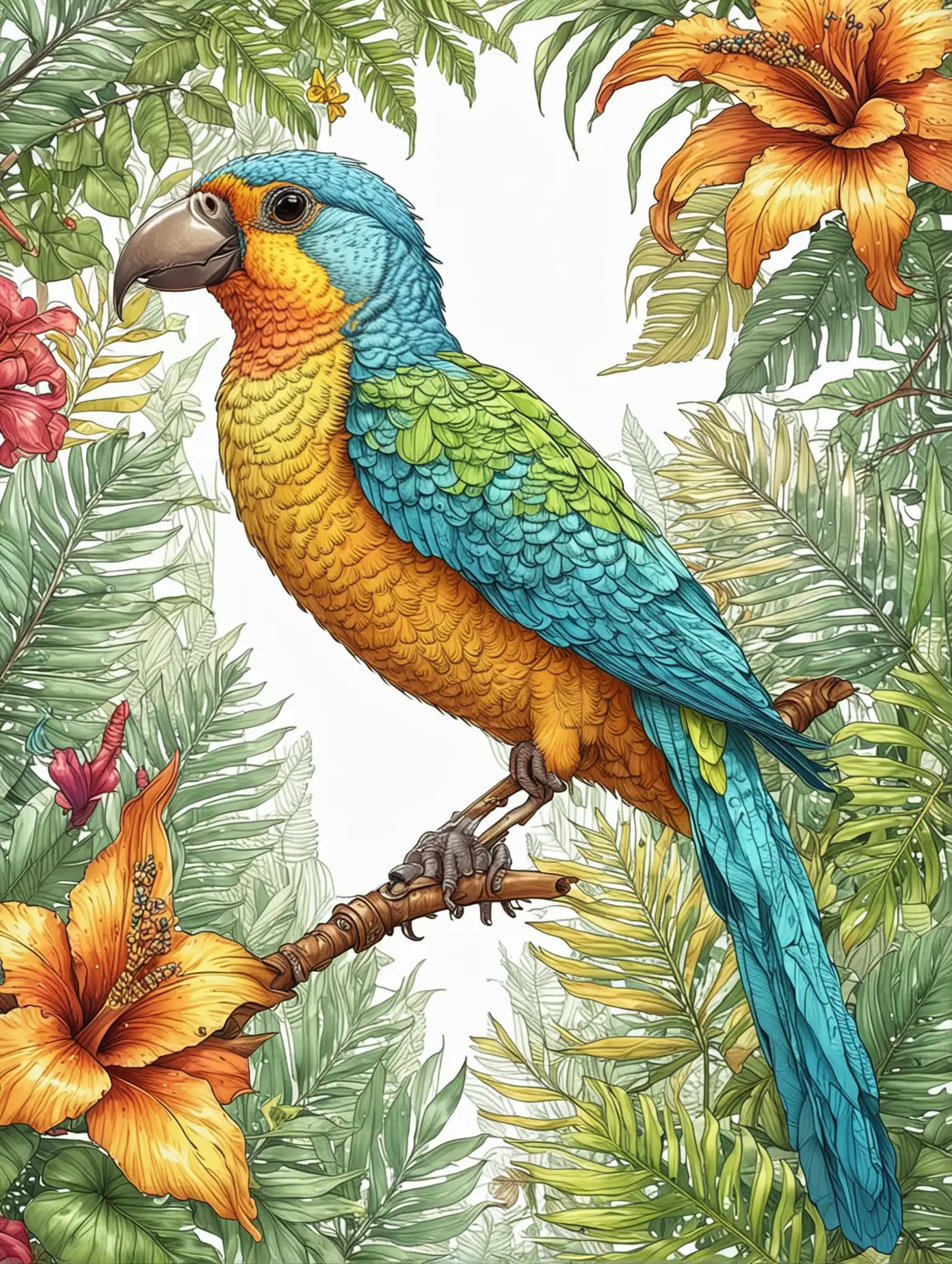 coloring page for adult, tropical birds, cartoon style, thin lines, high detail, dynamic color -- ar 9:11 --v5