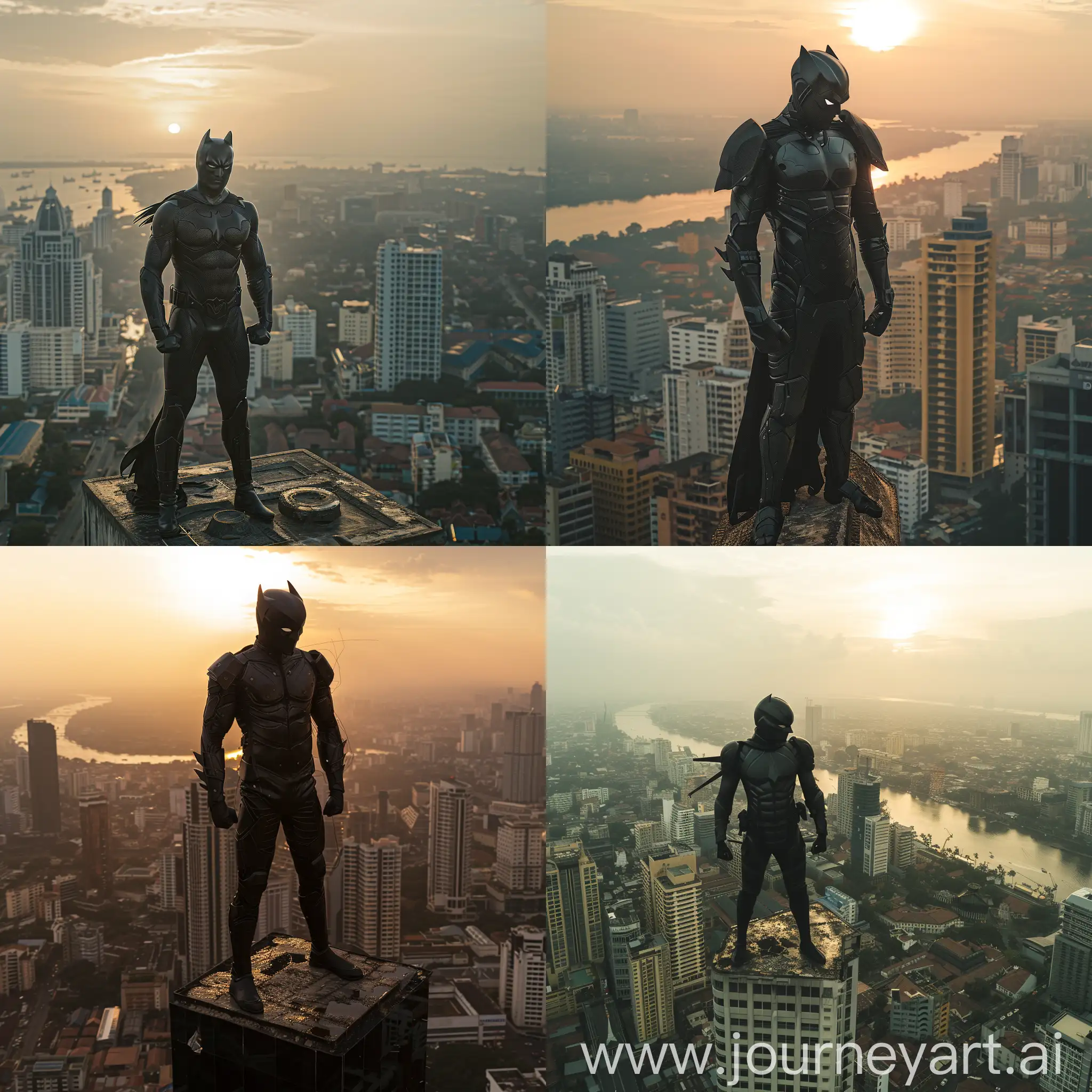 Amidst the bustling streets of Colombo, the Western Warrior stands atop a high-rise building, the city skyline stretching out before him. In the midst of his ongoing battle against crime, he pauses for a moment of reflection, the wind whipping through his sleek black costume and mask. As the sun sets on the horizon, casting a golden glow over the city below, the Western Warrior prepares to continue his journey, ready to face whatever challenges lie ahead