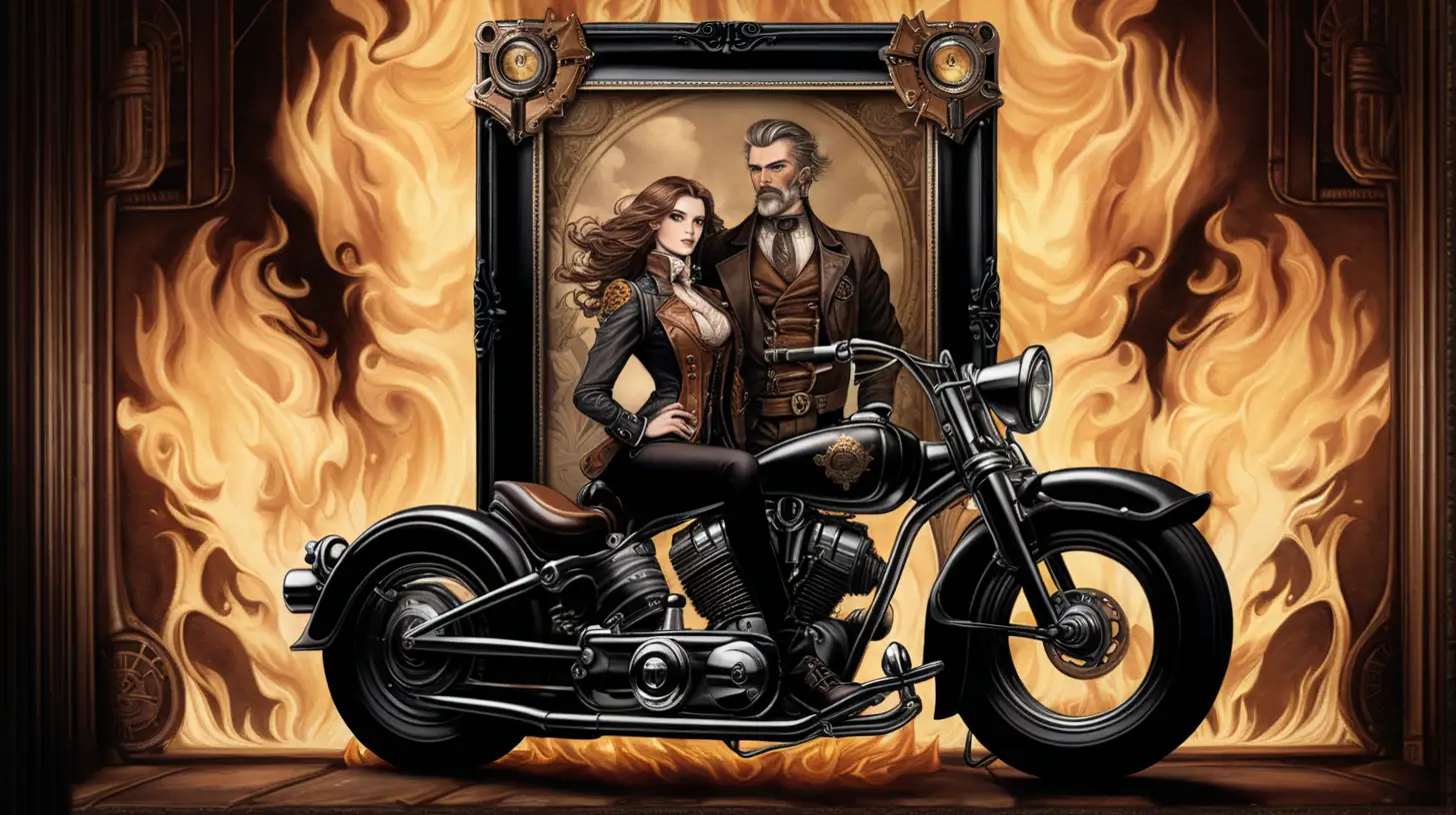 SteampunkInspired Photo Frame with Masculine Motorcycle and Fiery Female Figure