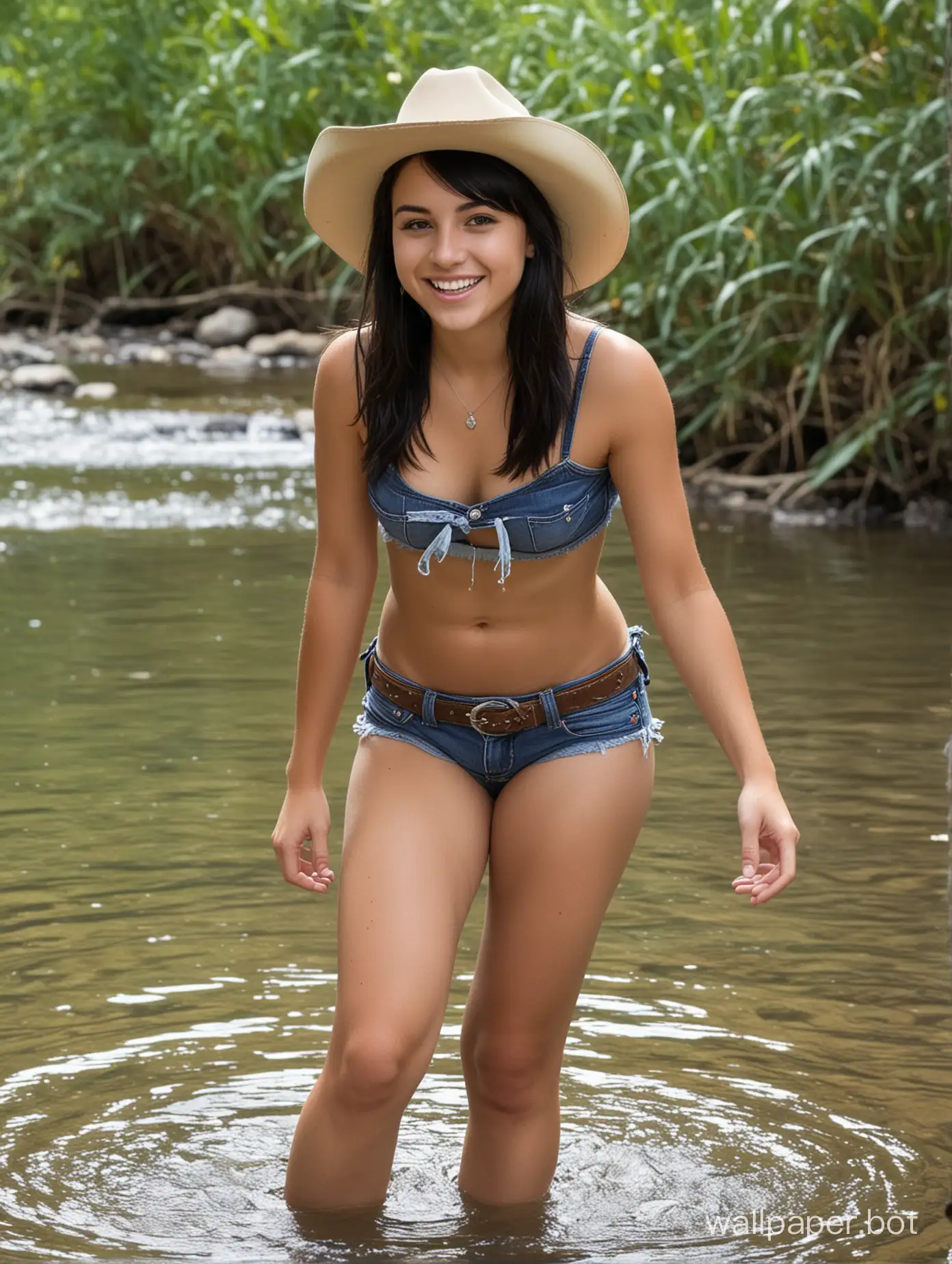 Petite 18 year old girl black hair brown eyes shirtless with little perky breasts wearing denium shorts and cowboy hat playing in a creek 