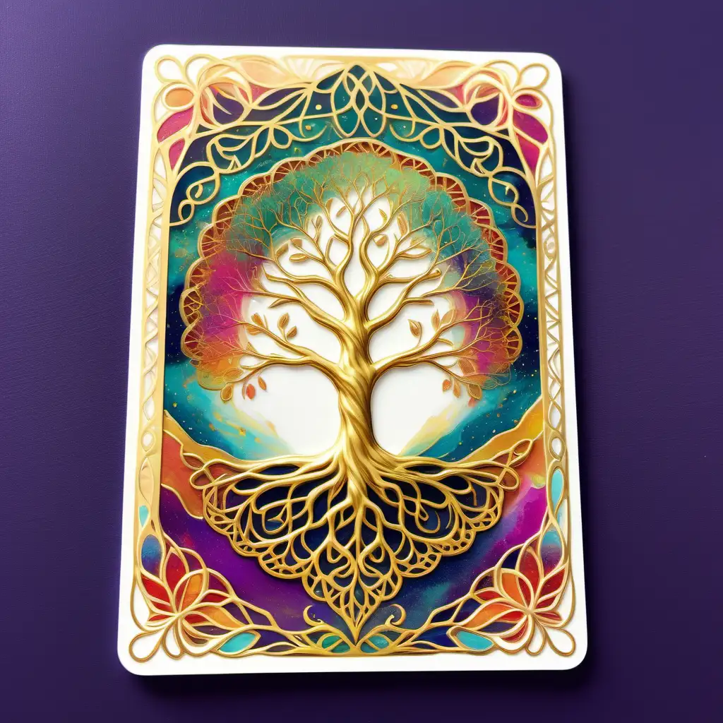 Ethereal Oracle Card with Colorful Tree of Life and Gold Lace Border