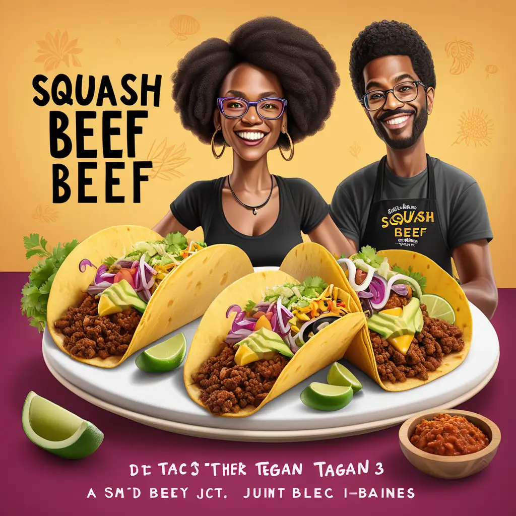 Create an AI-generated image capturing the vibrant essence of 'Squash The Beef,' a black vegan soul food company, during their Taco Tuesday event. Illustrate a mouthwatering display of flavorful, plant-based tacos infused with soulful ingredients, set against a backdrop that celebrates culture, community, and the joy of cruelty-free dining