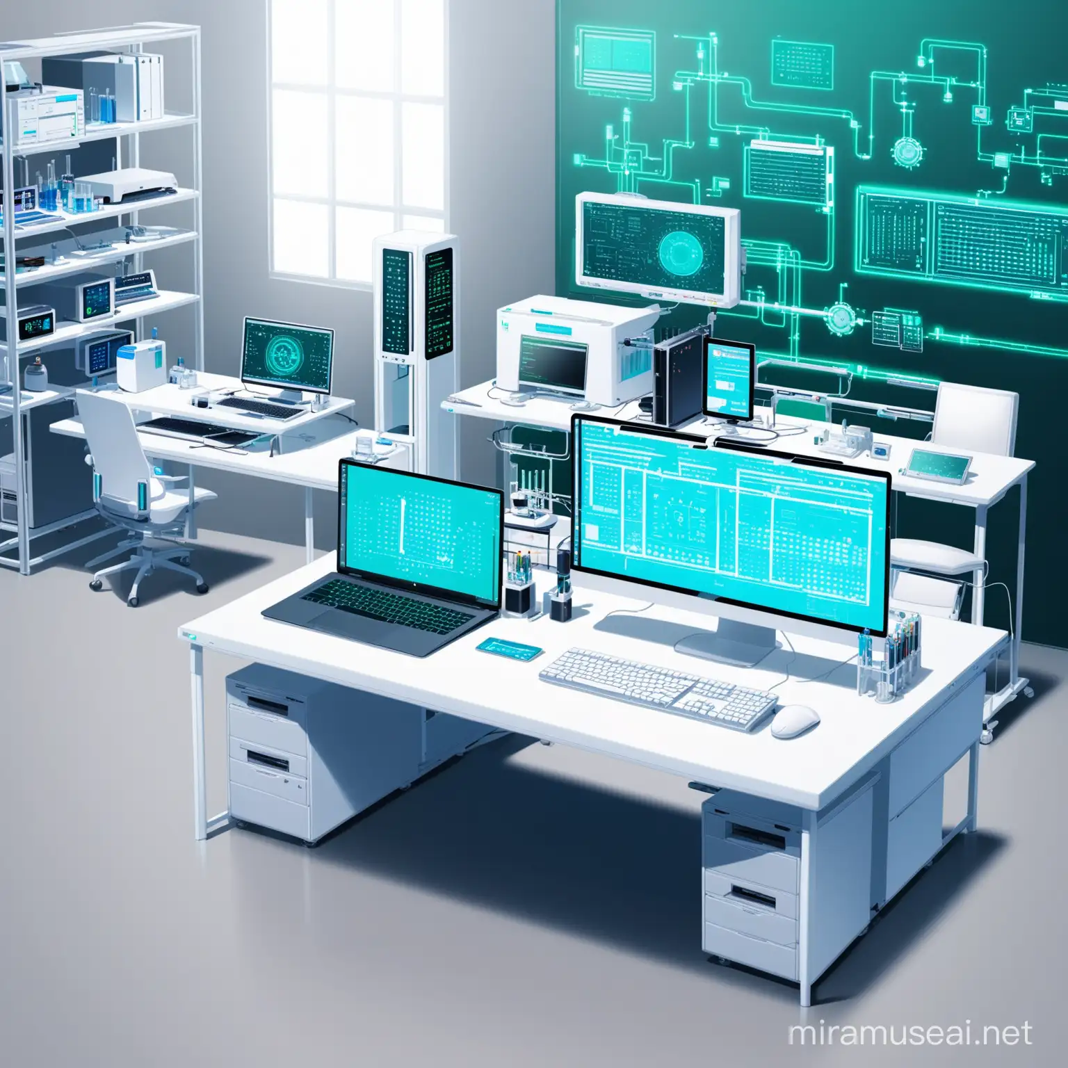 A super modern Nano technology laboratory with computer, laptop, screen, laboratory tools, a chair.
Background Persian designs.