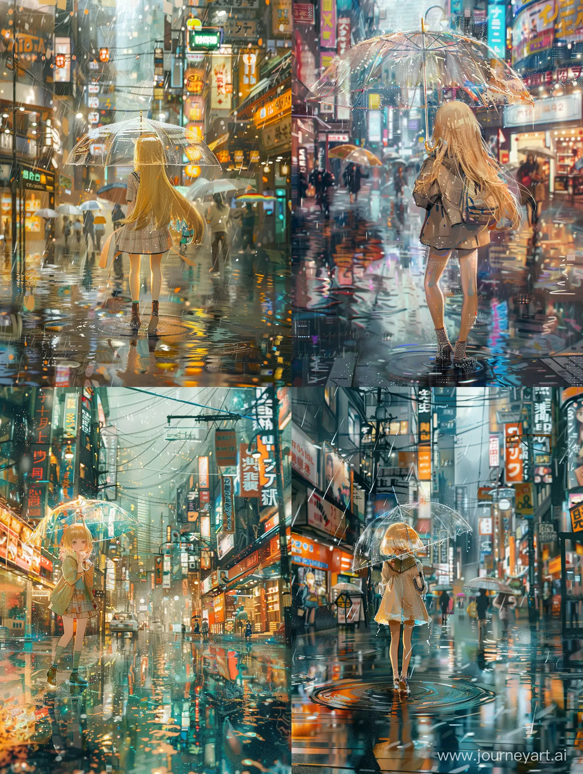 A beautiful girl with golden hair wandering down the street of the city of the future under a transparent umbrella. It's raining, everything is covered with water, which reflects the reflections of the shop windows.