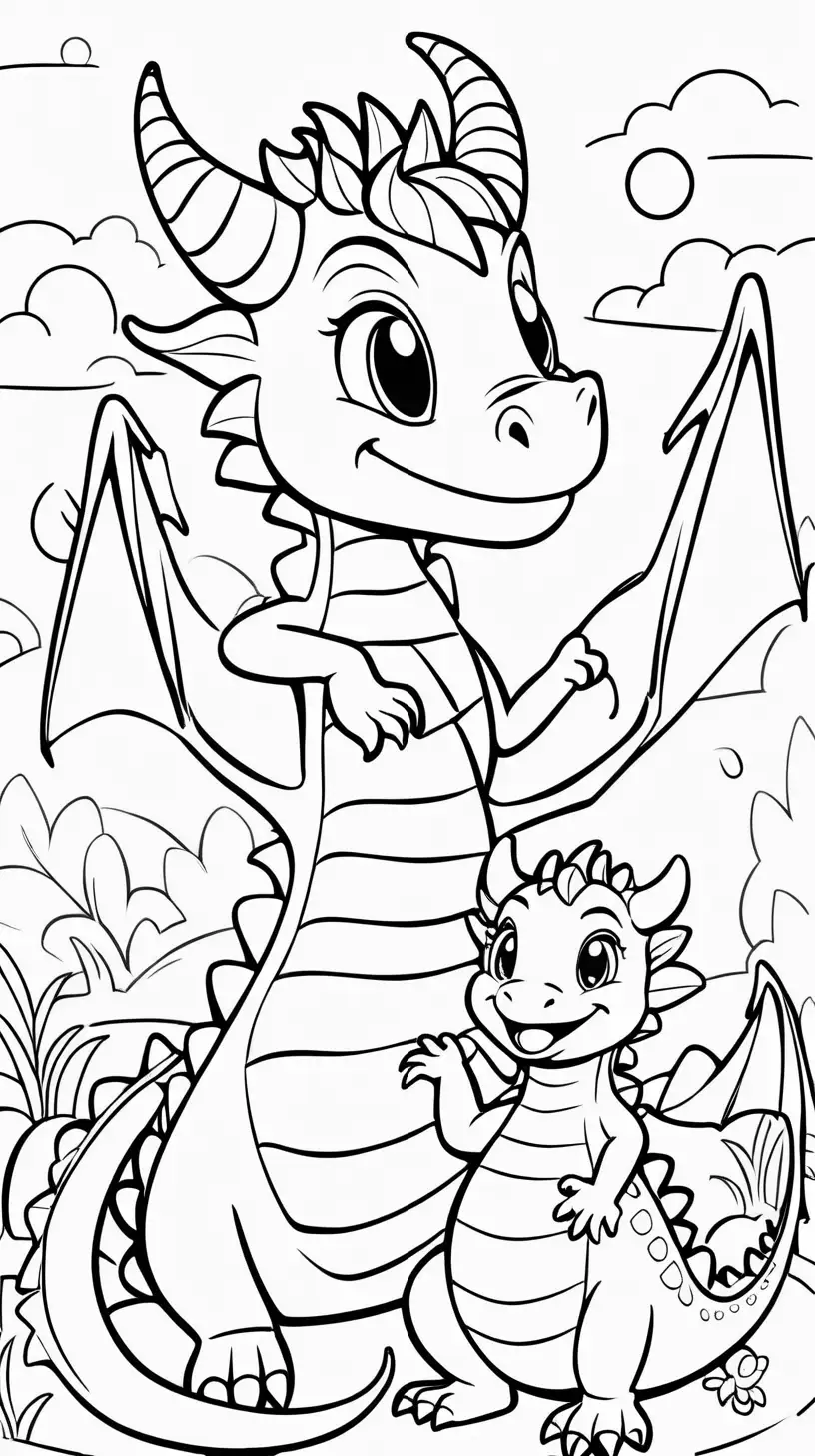 Coloring Page Cute Happy Baby Dragon and Mommy Dragon on a Sunny Day