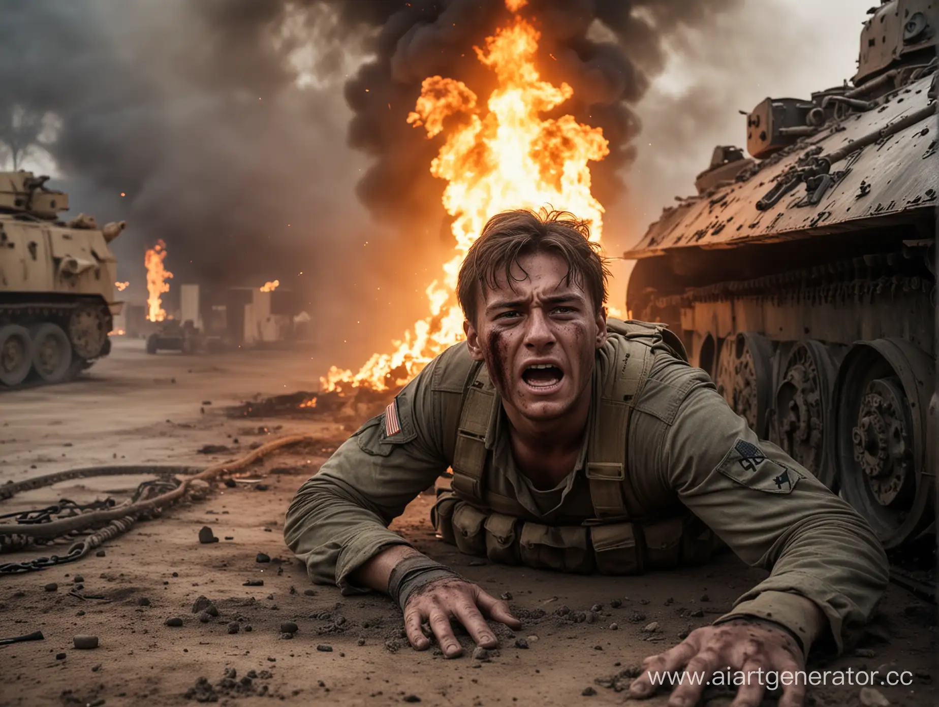 Раненный солдат в горящем танке с лицом полным горечью,пытается вылезти из танка.