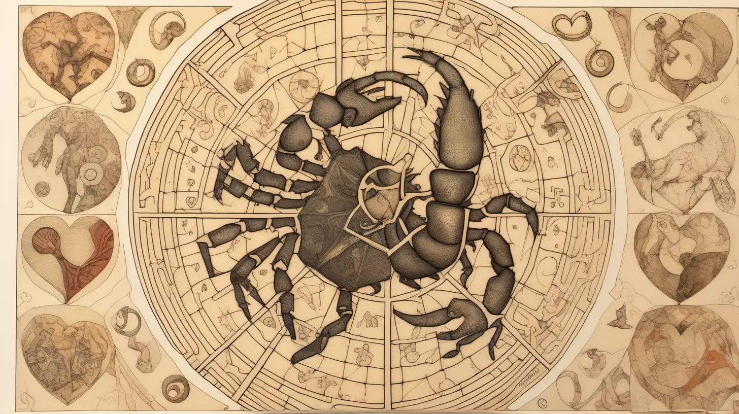  Astrogical wheel scorpio in love, etching, on light beige, bold color, muted palette,, loose line drawing, playfully intricate, puzzle-like elements, 