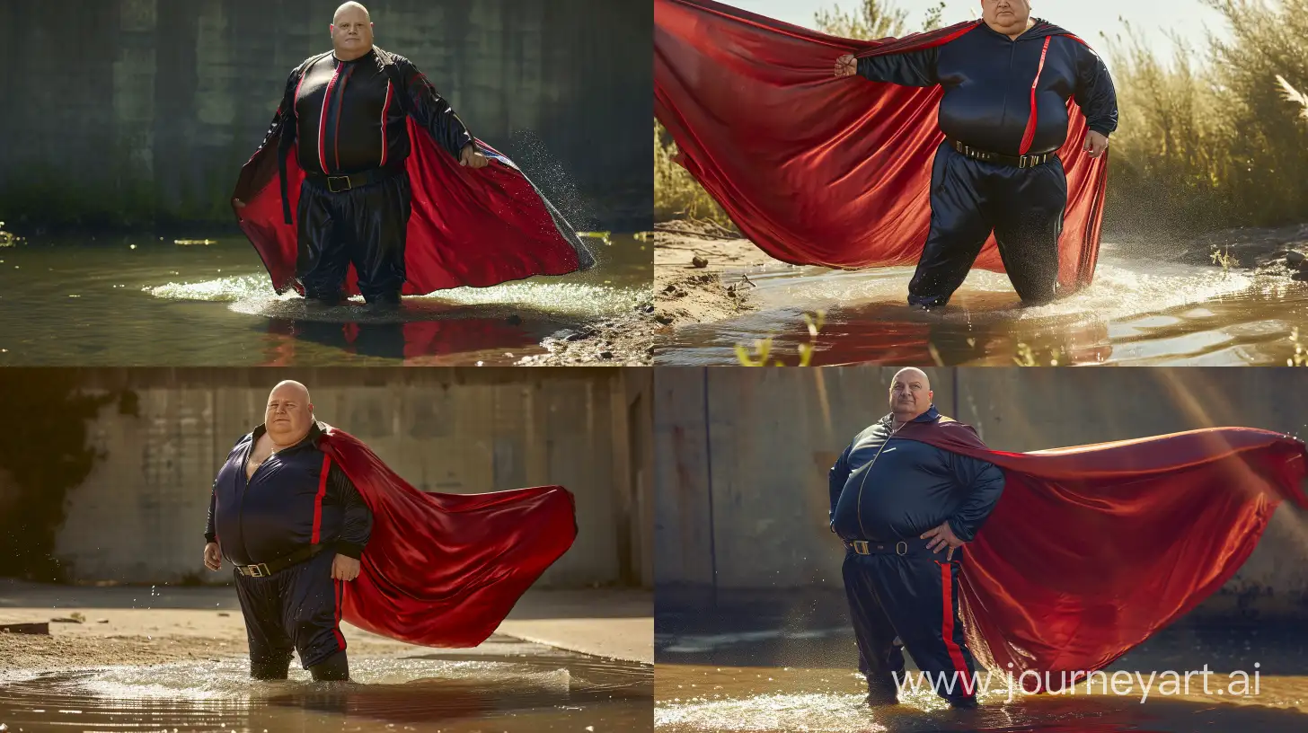 Portrait photo of a chubby man aged 70 wearing a silky navy tracksuit. Red vertical stripe on the side of the pants. He has a black tactical belt. He has a big and long red silky cape. Black Hiking Boots. He is mid-chest in water. Direct Sunlight. Bald. Clean Shaven. Outside. --style raw --ar 16:9 --v 6