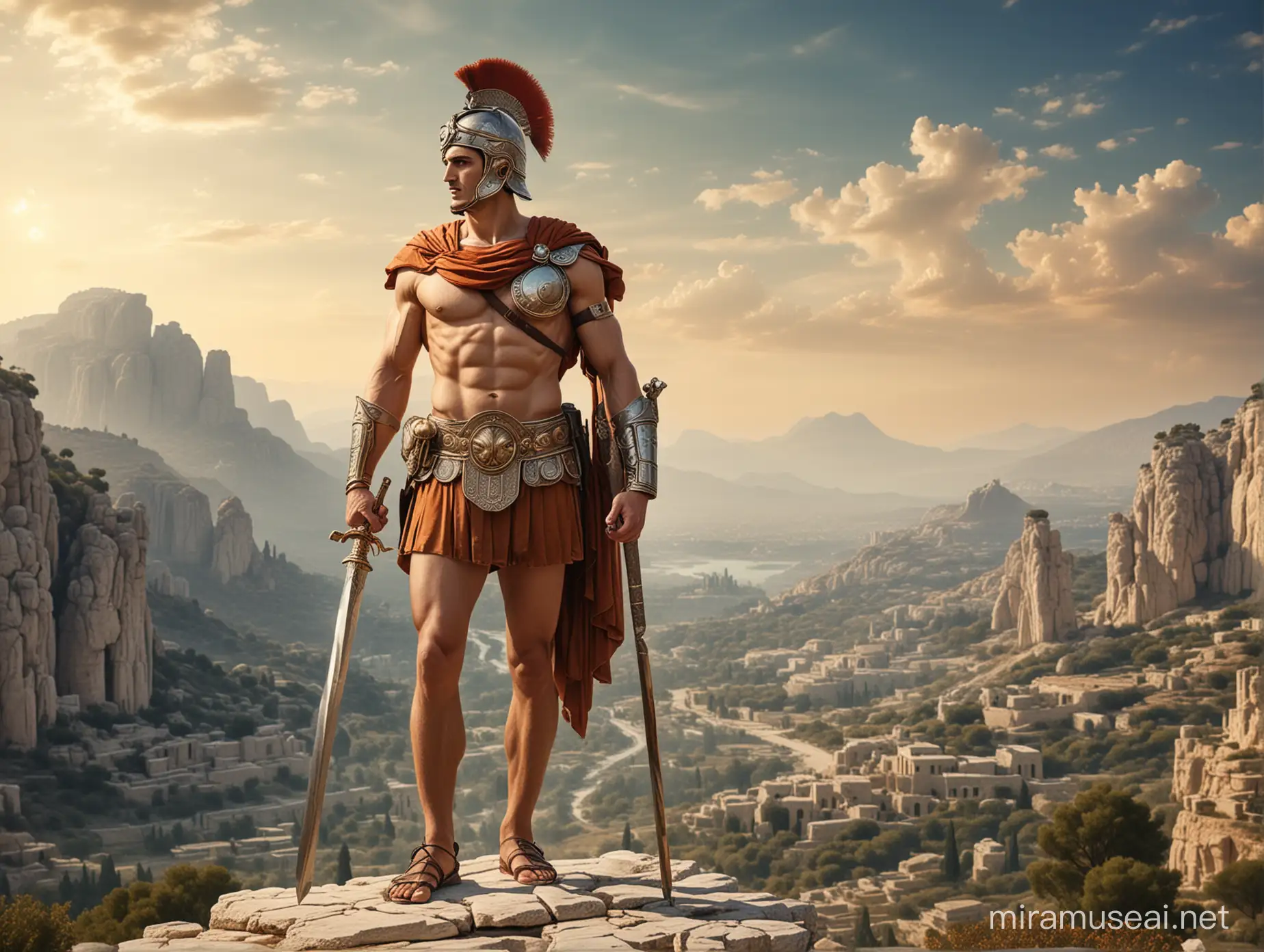 God Hermes with helmet, rod and sword, full body view, ancient Greece landscape background