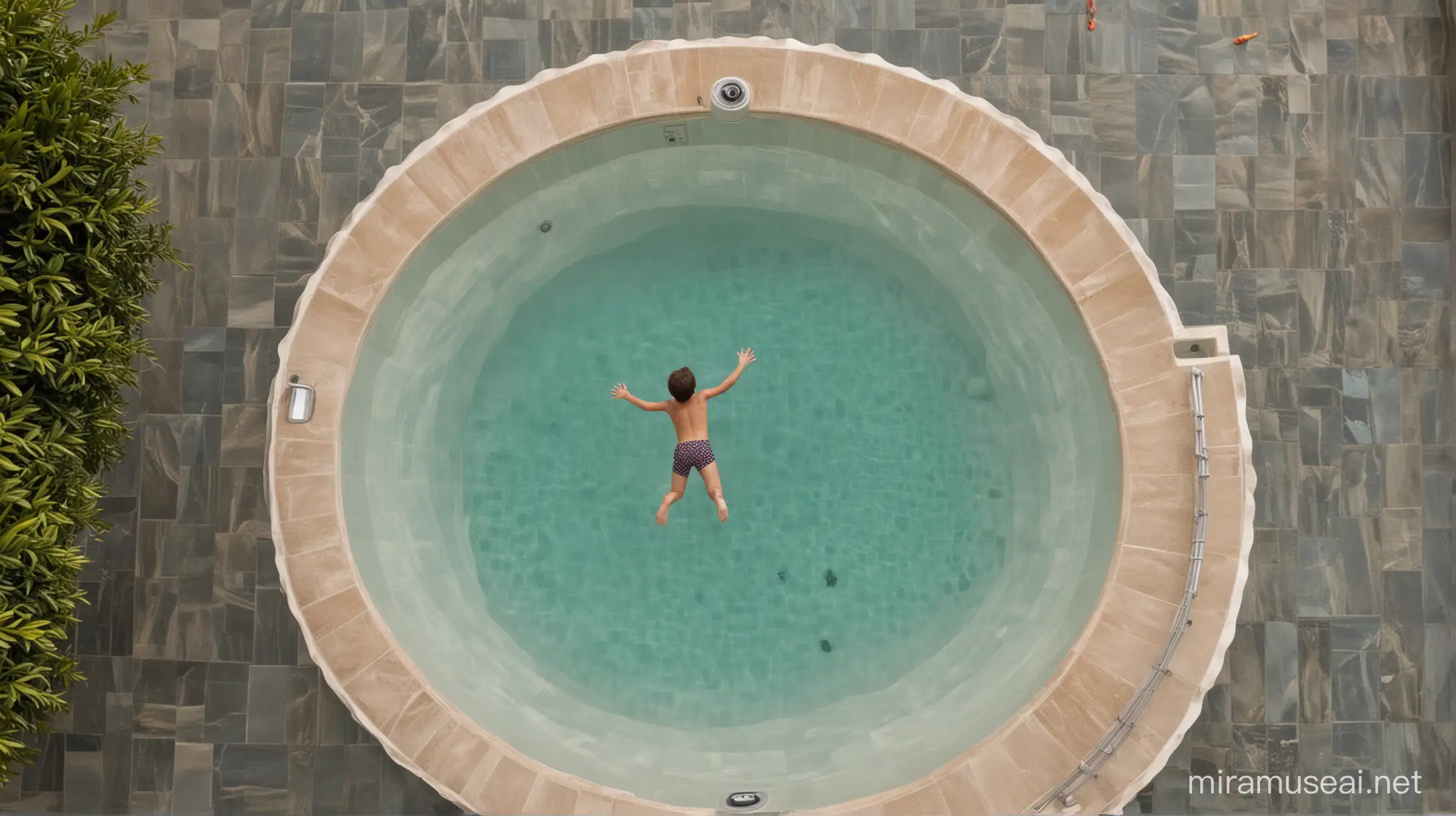 Young Boy Leaping into Luxury Hotel Pool with Round Float