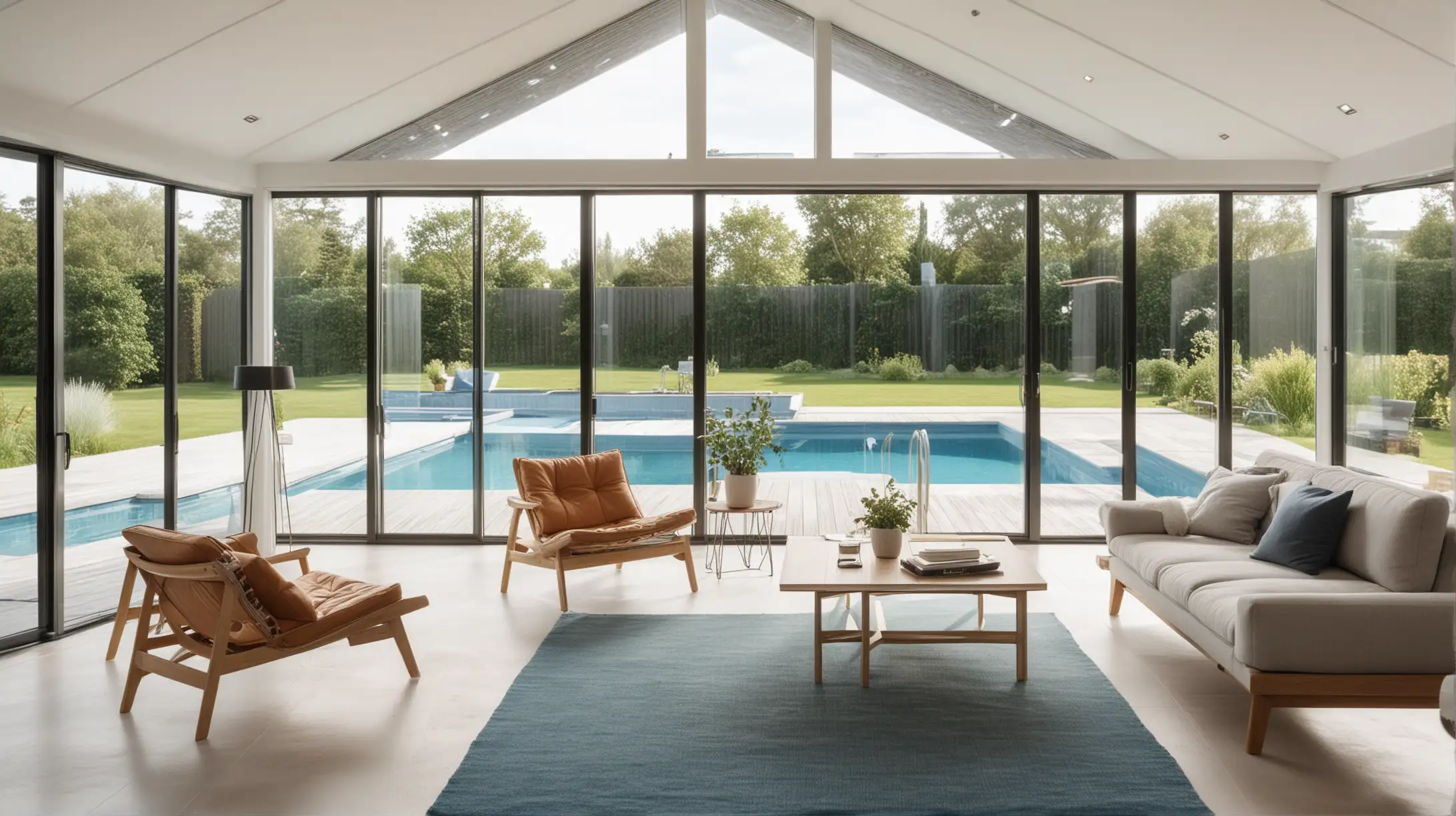 A living room of a beautiful bright modern Scandinavian style house with large windows opening onto a swimming pool. The room is globally well illuminated and the photograph is taken with a Canon EOS 5D with a wide aperture lens set to F/8 and ISO set to 400