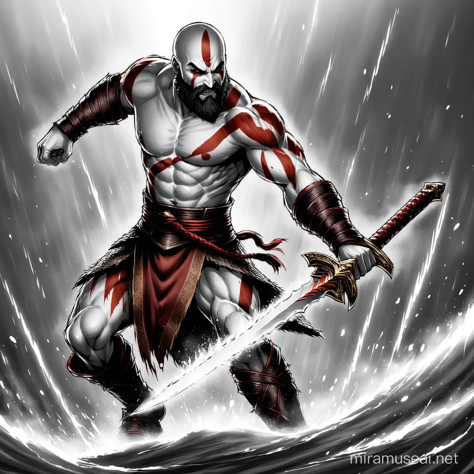 Kratos Warrior Slashing Sword in Fiery Battle