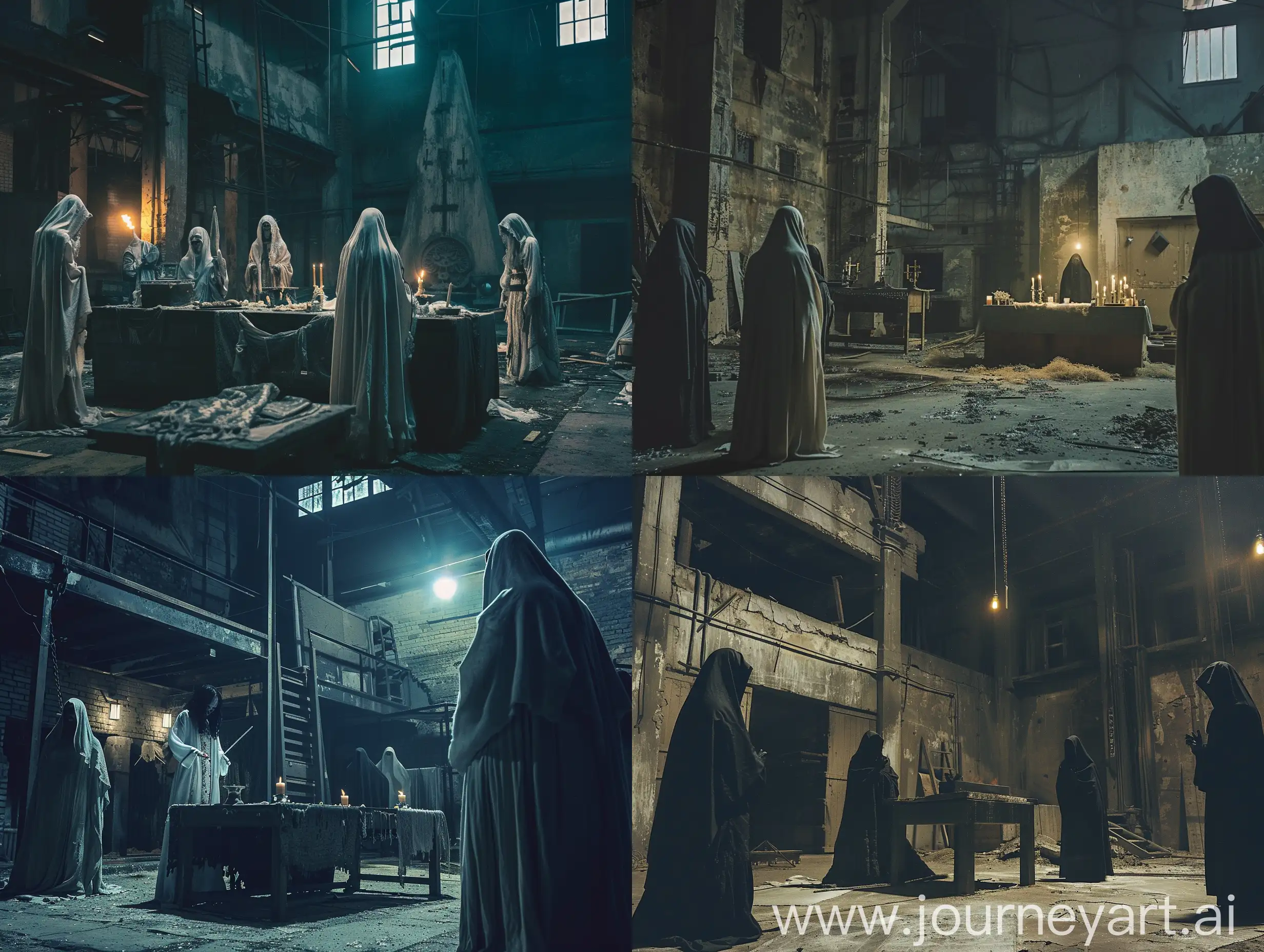 very dark room at night, evil priestess at the altar, cultists wearing hooded robes perform a sinister ritual inside a dilapidated factory. dvd screen grab, production still, horror film