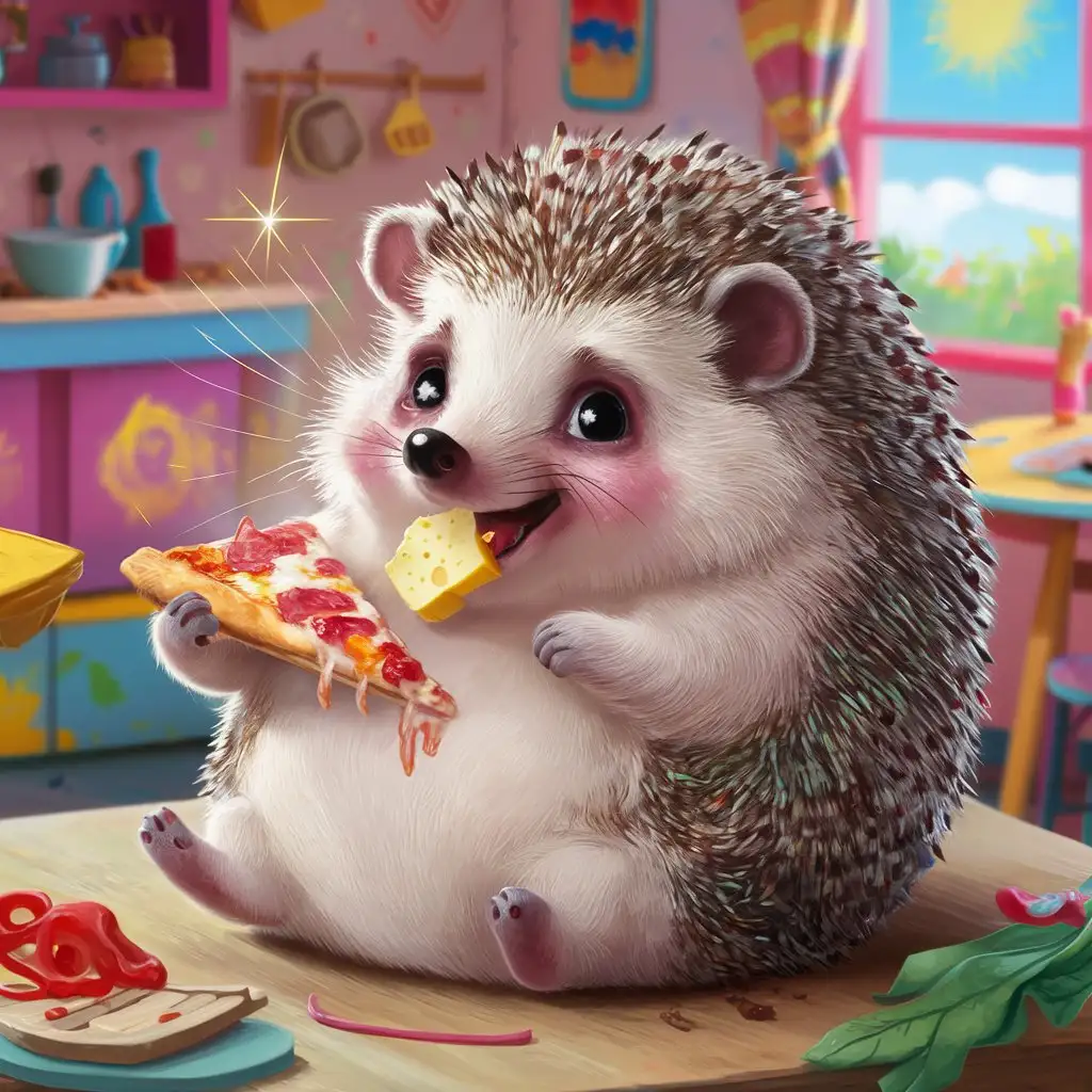 Adorable Fat Hedgehog Enjoying Colorful Cheese and Pizza Feast