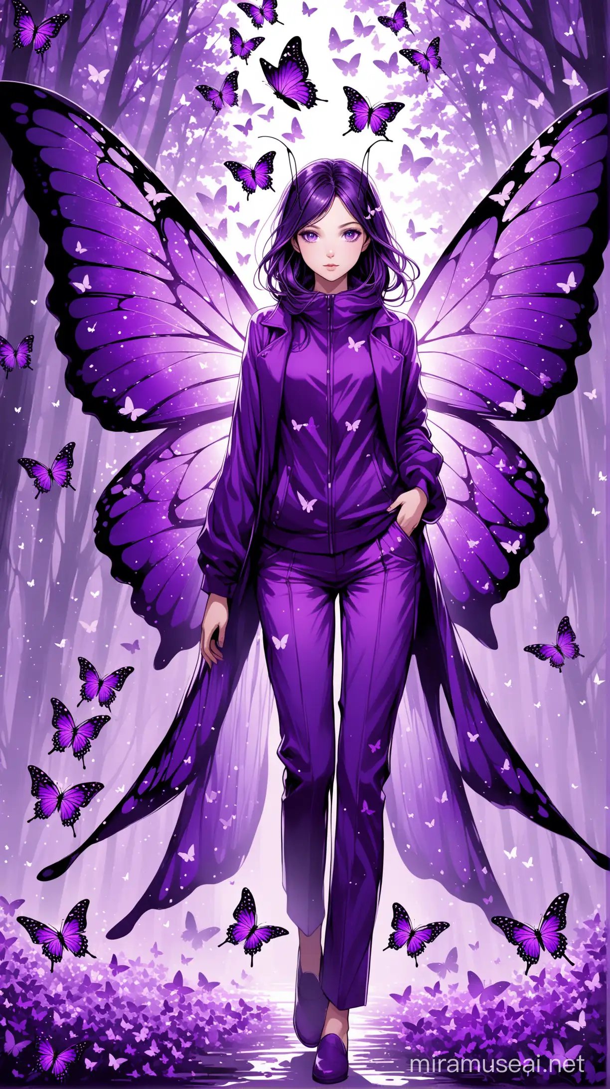 illustration, beautiful young girl made of purple butterflies, wearing a purple jacket and pants, with purple butterfly wings, purple theme, with 
thin antennae, with purple eyes, adult