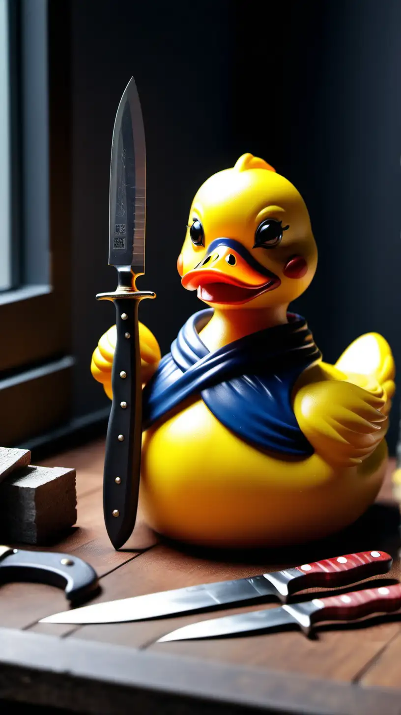 Quirky Home Scene Detailed Rubber Ducky with Mask and Knife