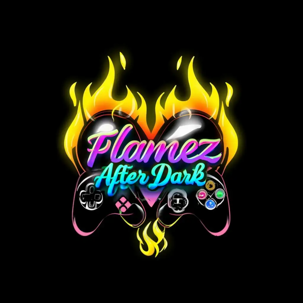 a logo design, with the text "Flamez After Dark", main symbol: realistic fire flames gaming controller, 3d, rose pink, yellow, red, blue, neon logo, heart like fire, complex, clear background