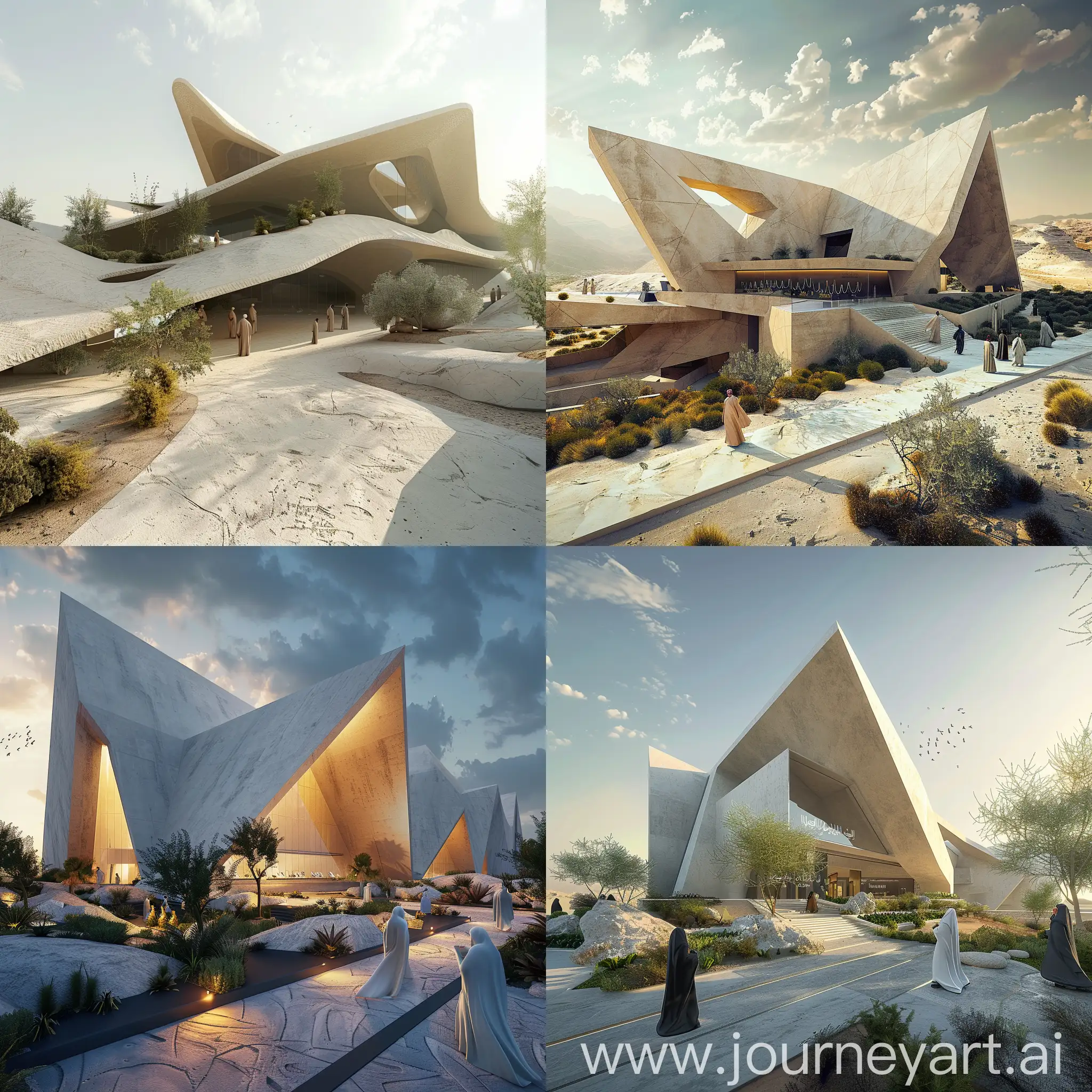 hyper realistic modern design for jewelry museum in Hijazi Arabian style with sloped sharp edges and landscape with interactive people