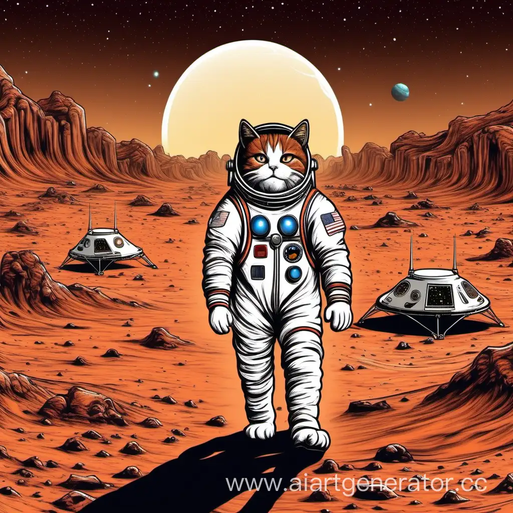 Кот косвонавт на марсе а на заднем фоне их космическая база возле него марсо ход