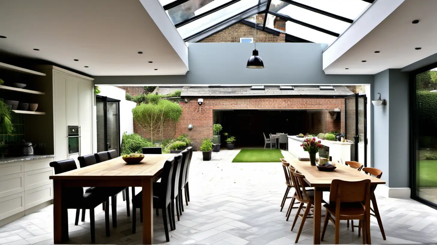 narrow extension with bifold leading to garden
with dining table under skylight
tiled herringbone floor

