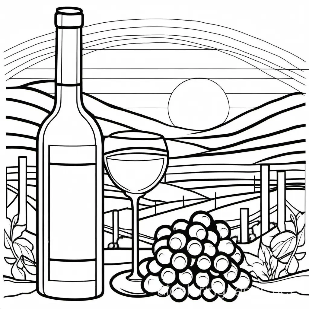 wine and sunset, Coloring Page, black and white, line art, white background, Simplicity, Ample White Space. The background of the coloring page is plain white to make it easy for young children to color within the lines. The outlines of all the subjects are easy to distinguish, making it simple for kids to color without too much difficulty