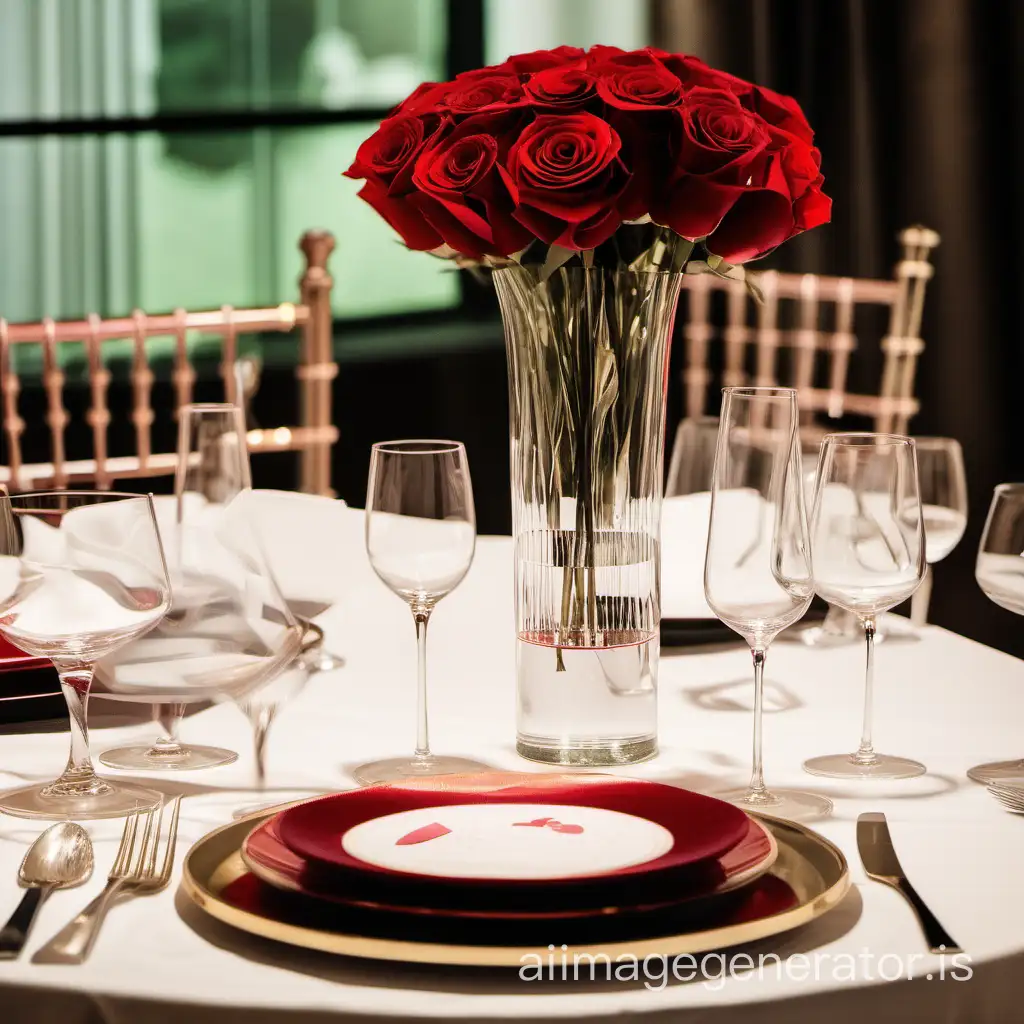 a wedding table set up with a centerpiece that is one skinny vase with one red rose