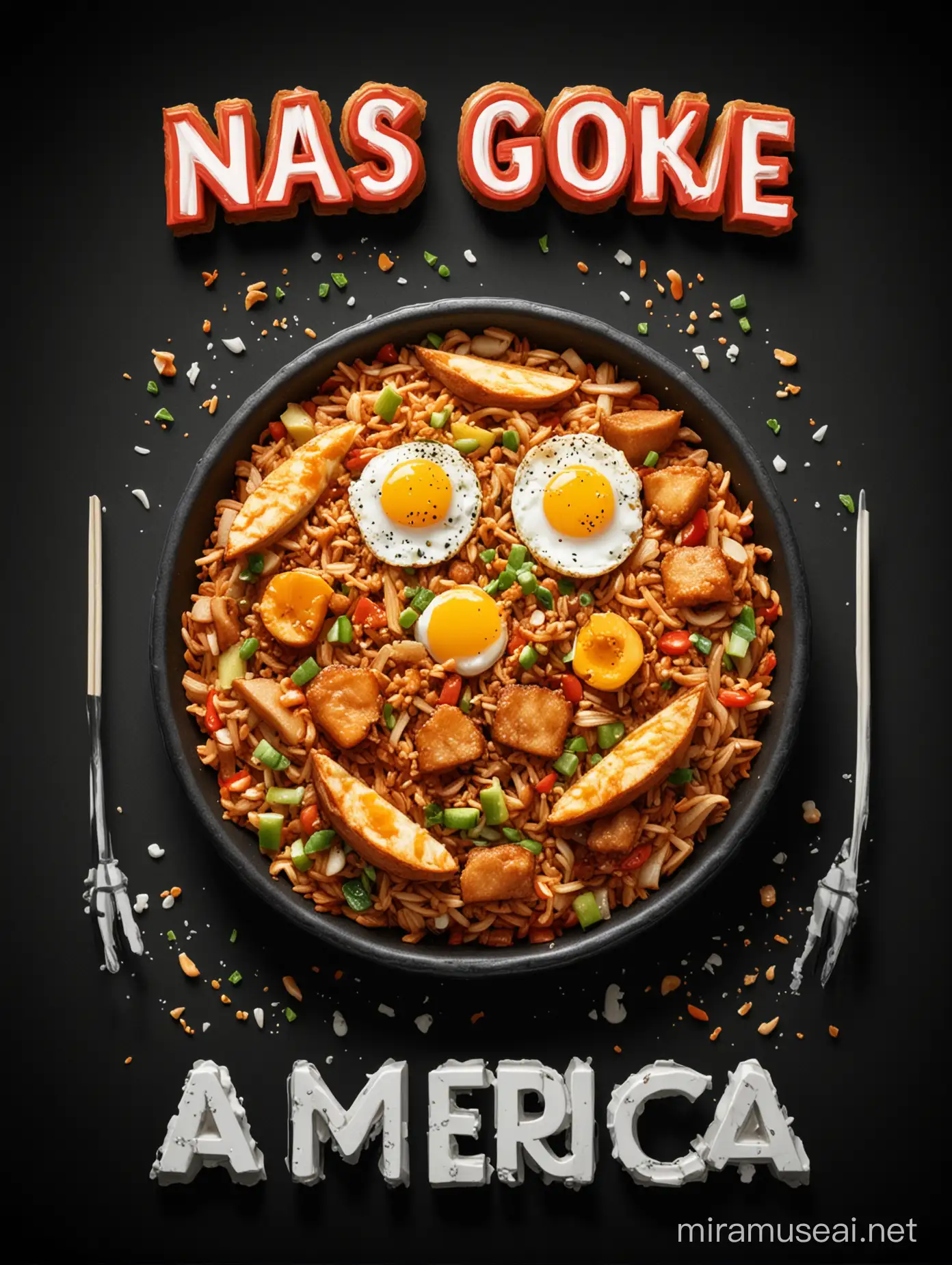 "Nasi Goreng America" in a realistic cartoon font, set against a high-contrast black background to evoke a dramatic effect suitable for printing in DTF (Direct-to-Film) Printing or water-based color printing. Ensure the text is centered and uncropped. just text no need background
