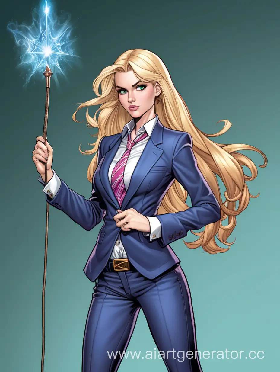 Hot blonde Daphne Greengrass in suit, tight trousers, wizard wand, The head is turned to the left, realistic comics style