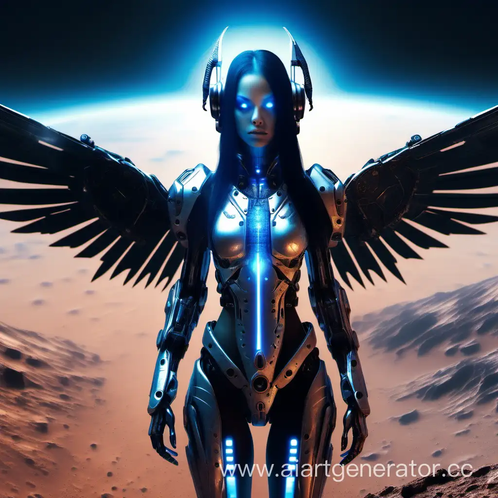 A beautiful cyborg girl with black metal and long wings, with a blue glowing eye, stands on the surface of Mars against the backdrop of the planet earth.