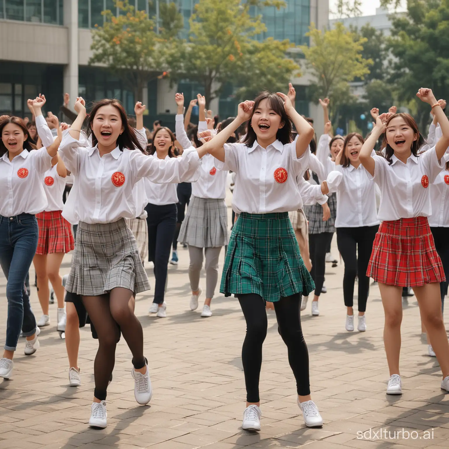 要求五官清晰，中国学生，

描述：宣布十天假期时，学生们欢呼雀跃，他们迅速组织了一场校园“快闪”表演，每个人都跳起了狂野的舞蹈。有人甚至拉来了乐队，整个校园变成了欢乐的舞台。