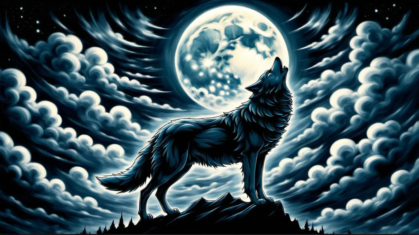 Create an ethereal image of a wolf silhouette outlined against a moonlit sky, its form composed of billowing clouds. Infuse the scene with an aura of strength and power, showcasing the wolf as a majestic guardian amidst the swirling, dynamic cloud formations