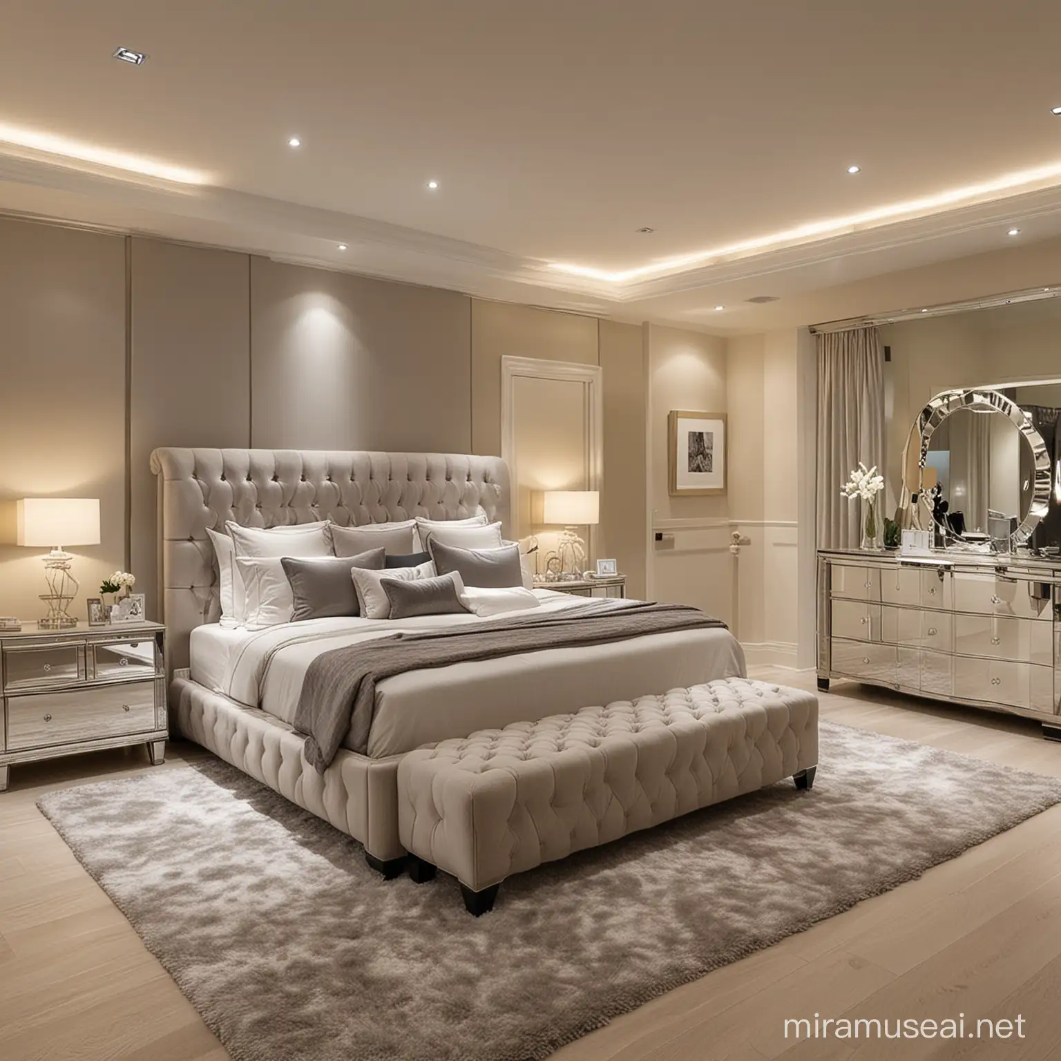 Elegant KingSize Bedroom with Modern Furnishings and Luxurious Lighting