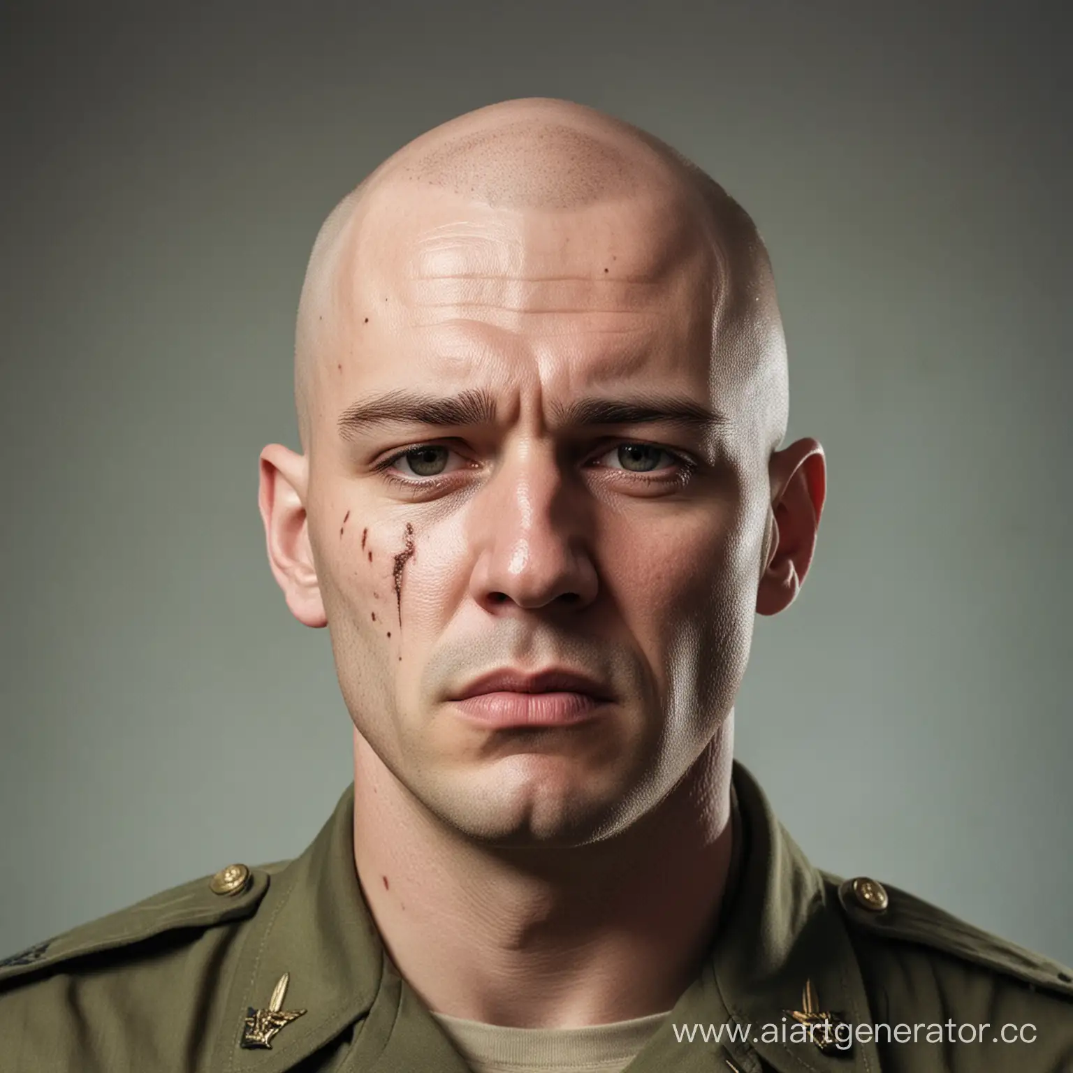 A man with a scar on his face, in military uniform, bald, sad look