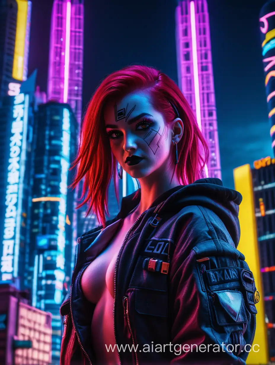 Девушка рыжие волосы и черный макияж, позирует на фоне высотных зданий в свете неоновых огней, стиль киберпанк 2077, full hd, DLSS, 4K