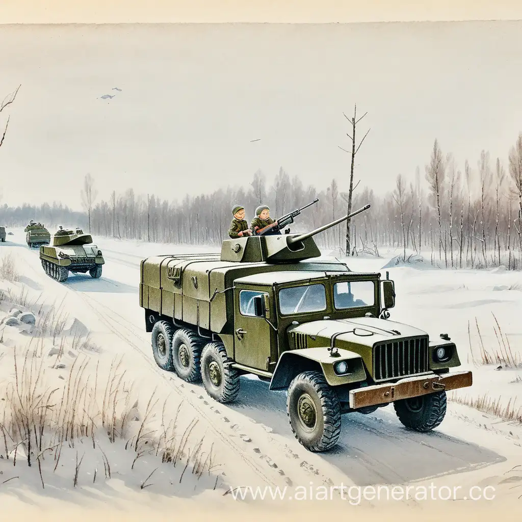 blockade of Leningrad road and one military vehicle in the field children's drawing