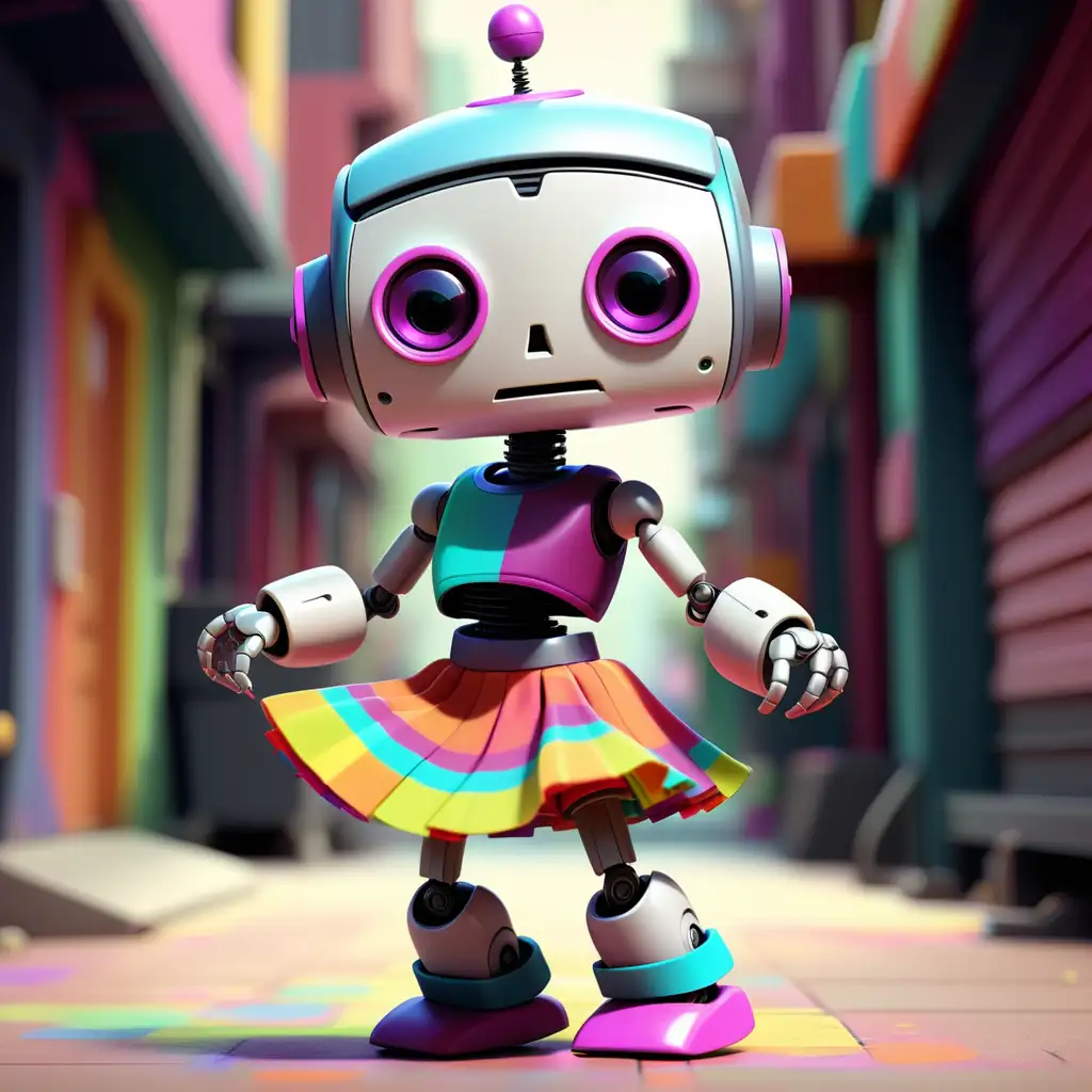 Maleni, crtani robot koji pleše u šarenoj kratkoj suknji. Nema ljudsko lice. Blagi smiješak.