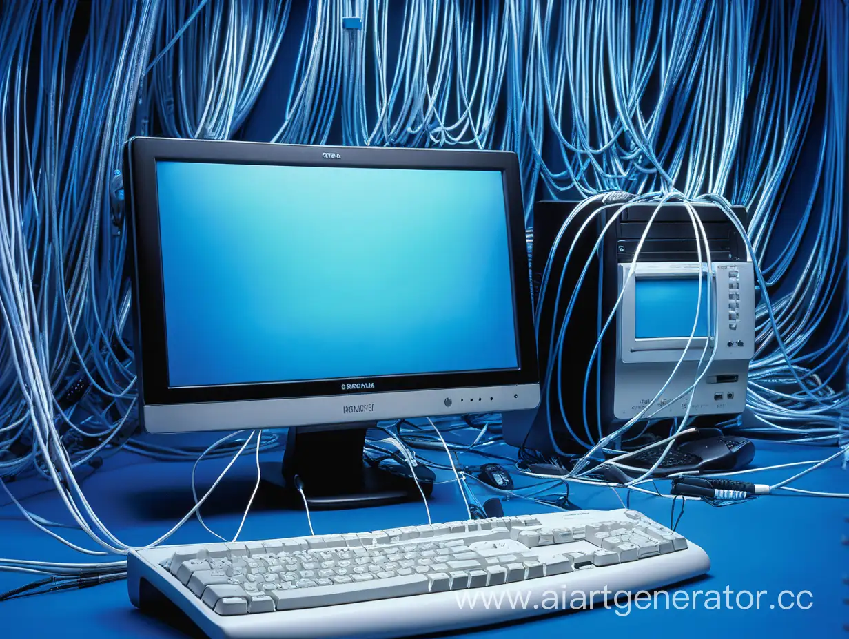 синий фон на котором огромное количество проводов и один большой монитор компьютера