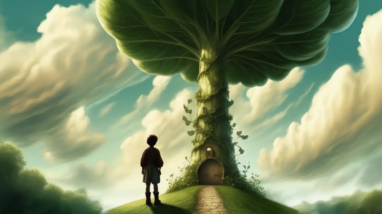 soft light high res, fairy tale, back view, medival peasant teenager looking up at a giant beanstalk growing up into the clouds