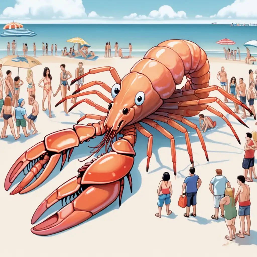 Enormous Shrimp Captivates Beachgoers in a Small Crowd Scene