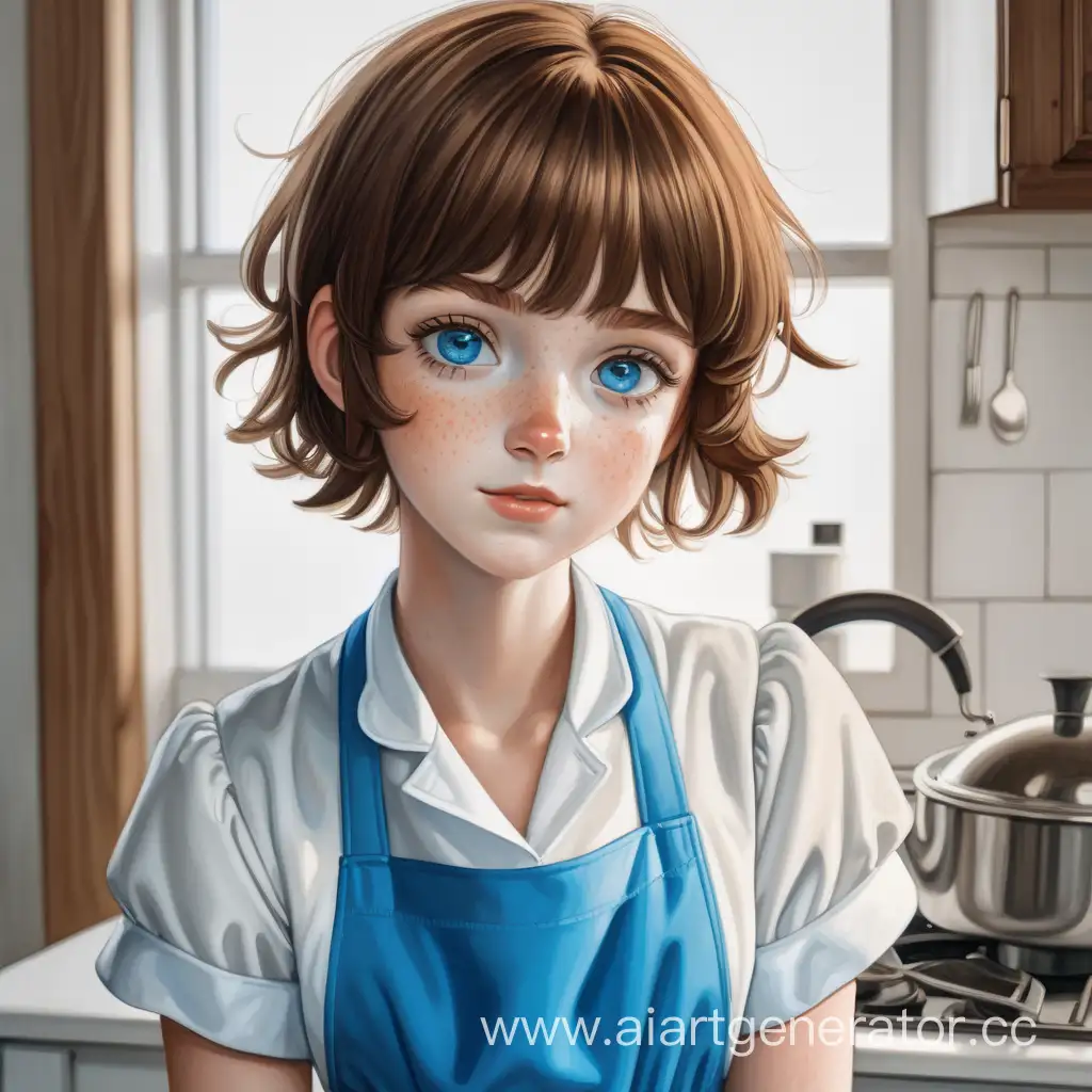 Adorable-Girl-in-Blue-Dress-with-Freckles-and-Apron