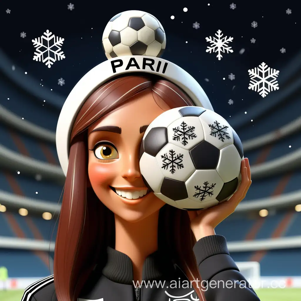 шикарный и счастливый друг, с надписью PARI и роскошным футбольным мячом на голове, в судейской форме в воздушном пространстве со звёздами и снежинками