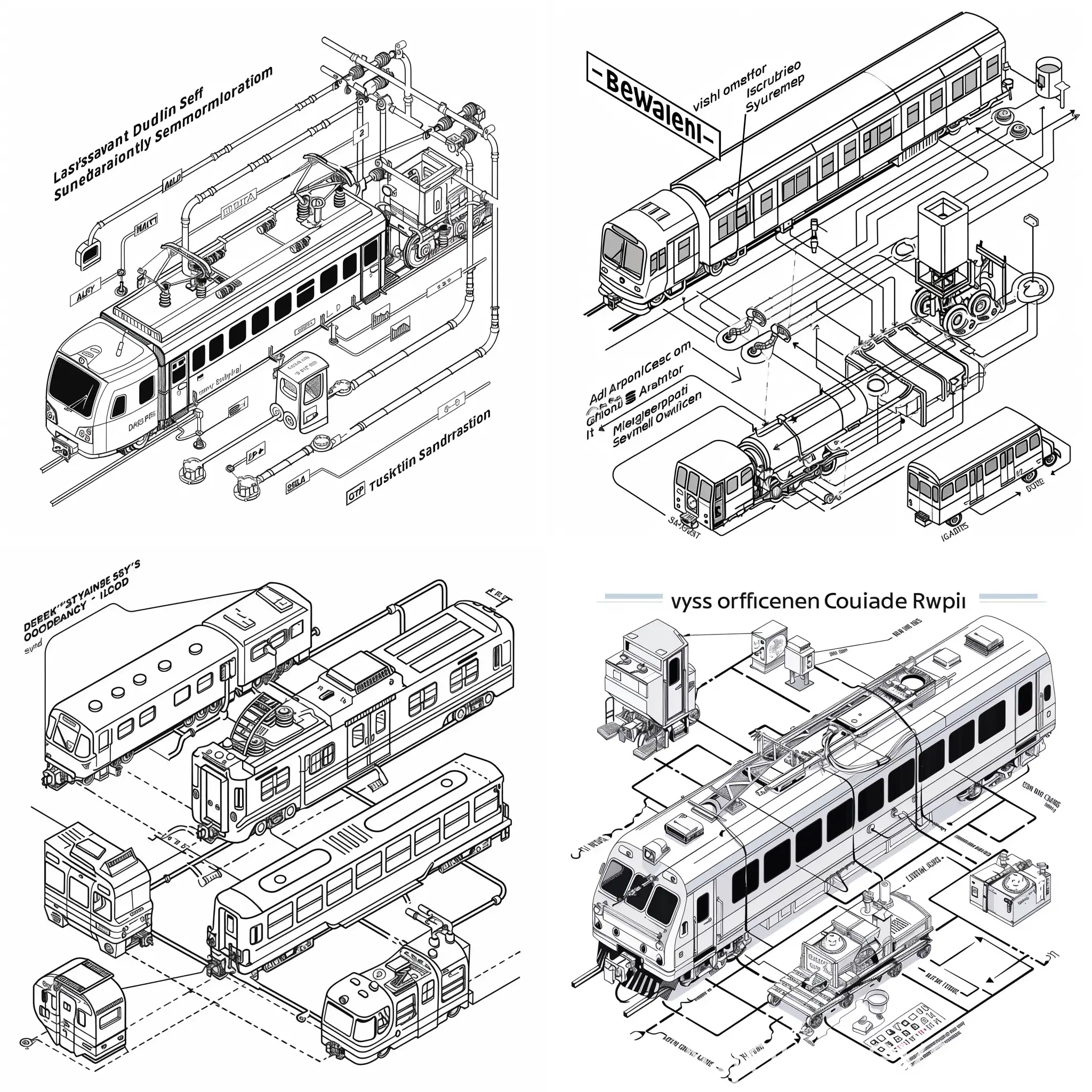 a black and white vector line drawing of system's operation flow, such as the flow chart depicting the visual communication between the driver cabin, train superintendent, rail guard, and train coaches