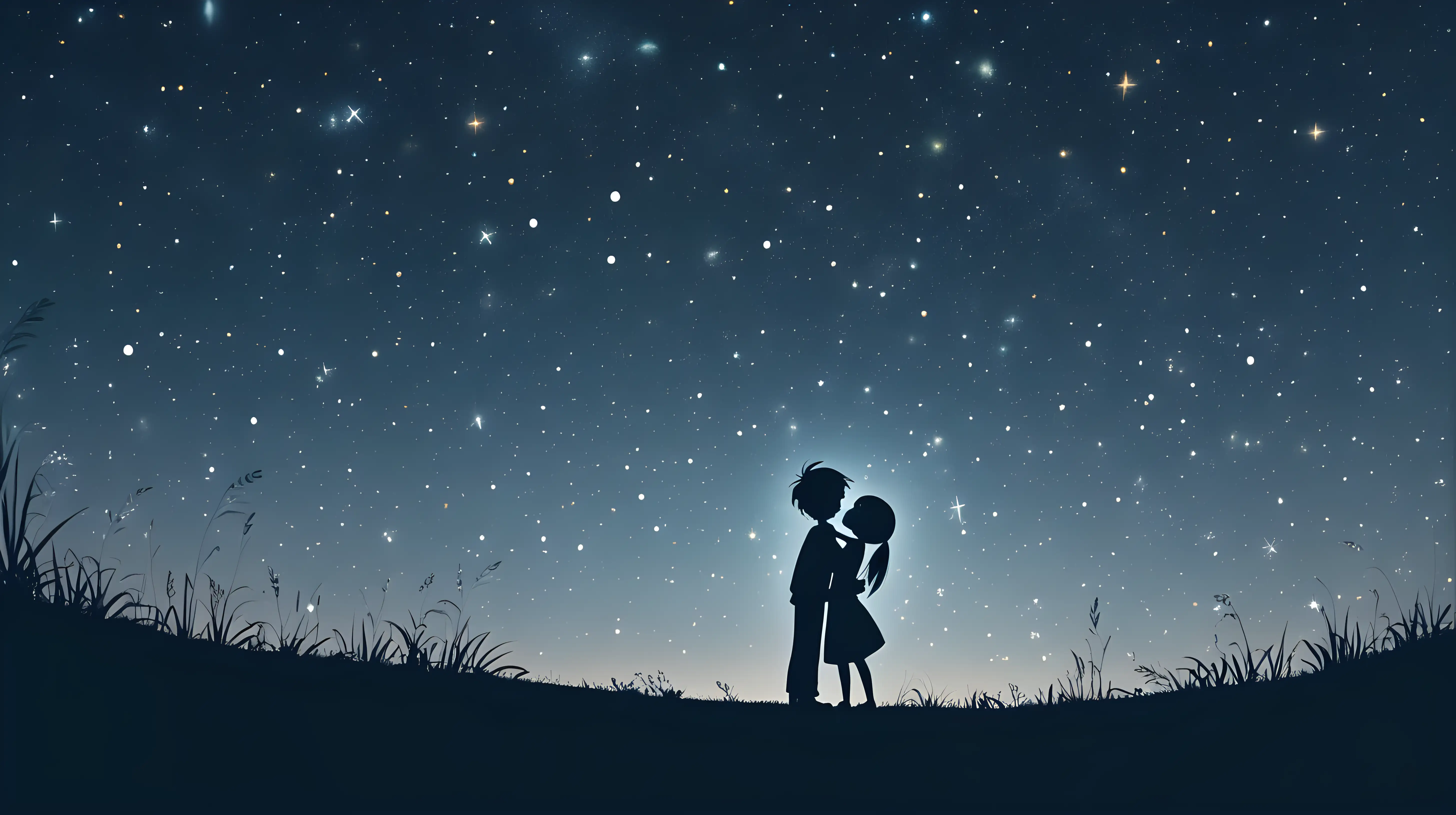 A cute and simple scene of a boy and girl sharing a hug under a starry sky, symbolizing their love.