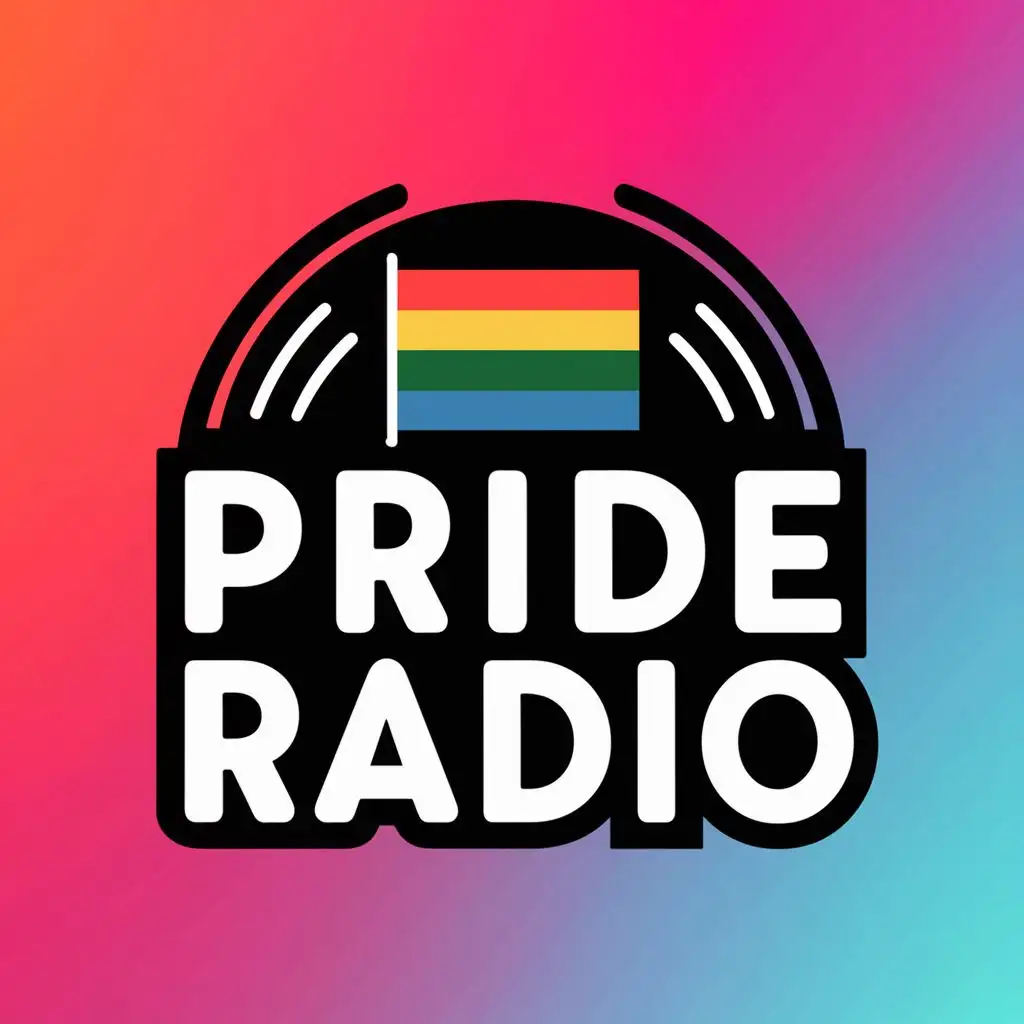 logo, lhbtiq+ flag and radio, with the text "Pride Radio", typography, be used in Entertainment industry